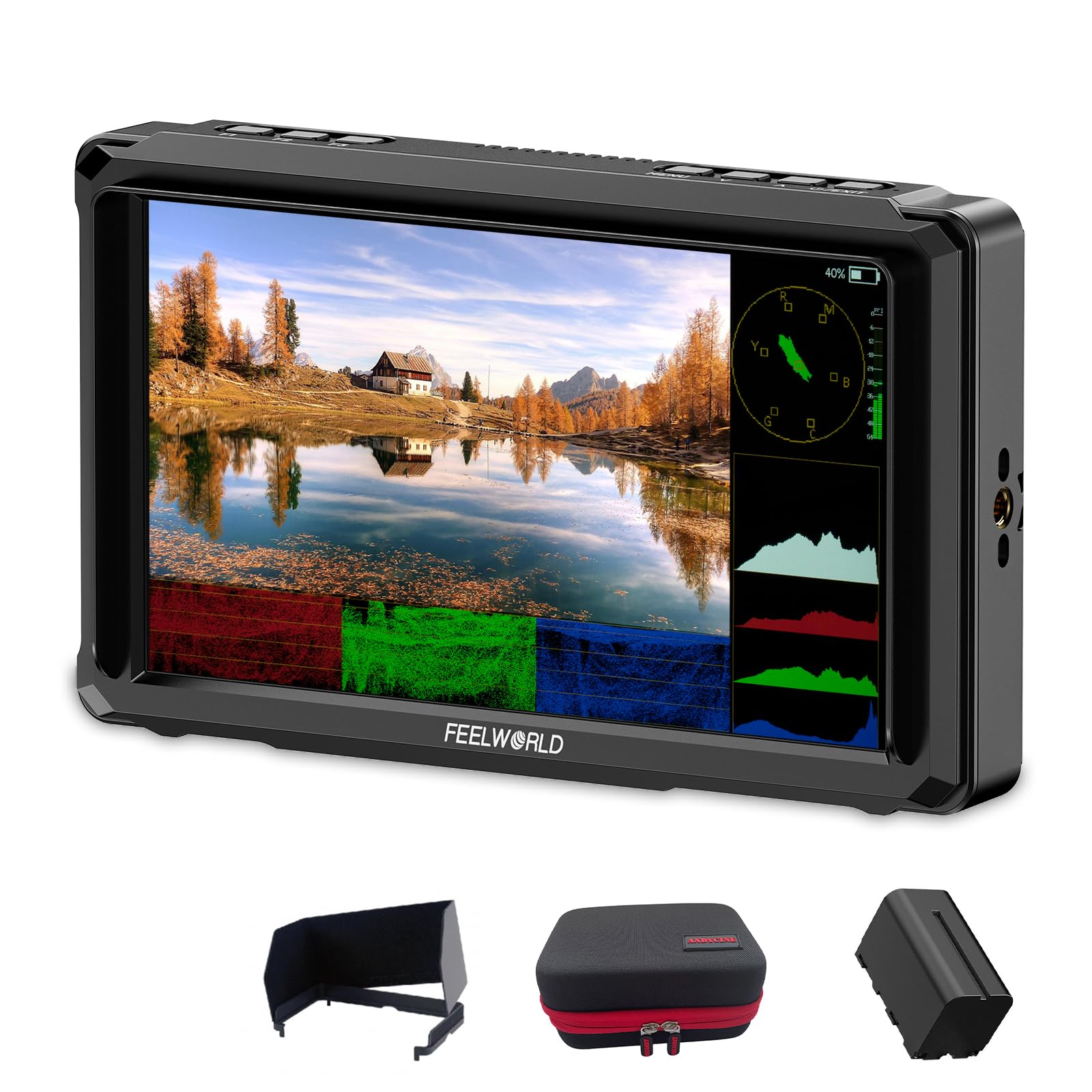 FEELWORLD FW568 PRO 6 1200nits Monitor da campo per fotocamera da pollici, 1920x1080 1200nit DSLR Video Monitor con 4K HDMI in/out, forma d'onda, LUT 3D, include batteria F750 4400mAh e borsa per il
