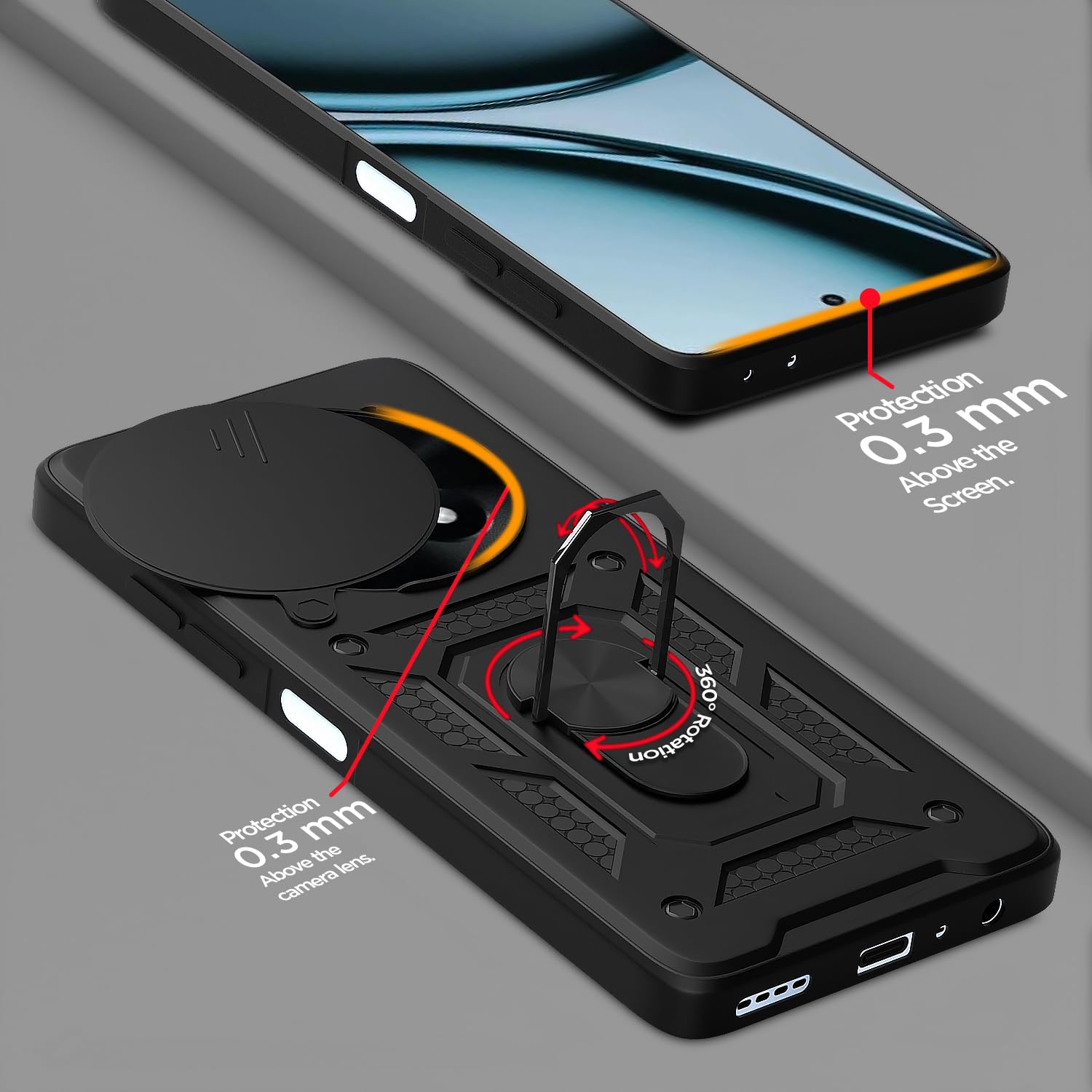 Amazon basics TPU Back Cover for Realme Narzo 70X 5G / Realme 13/12/12X 5G/C65/N65|360 Protection Case|Sliding Camera Sheild Cover & Ring Holder Stand Back Cover|D10 Tough Armor Bumper Case (Black) Amazon basics TPU Back Cover for Realme Narzo 70X 5G / Realme 13/12/12X 5G/C65/N65|360 Protection Case|Sliding Camera Sheild Cover & Ring Holder Stand Back Cover|D10 Tough Armor Bumper Case (Black)