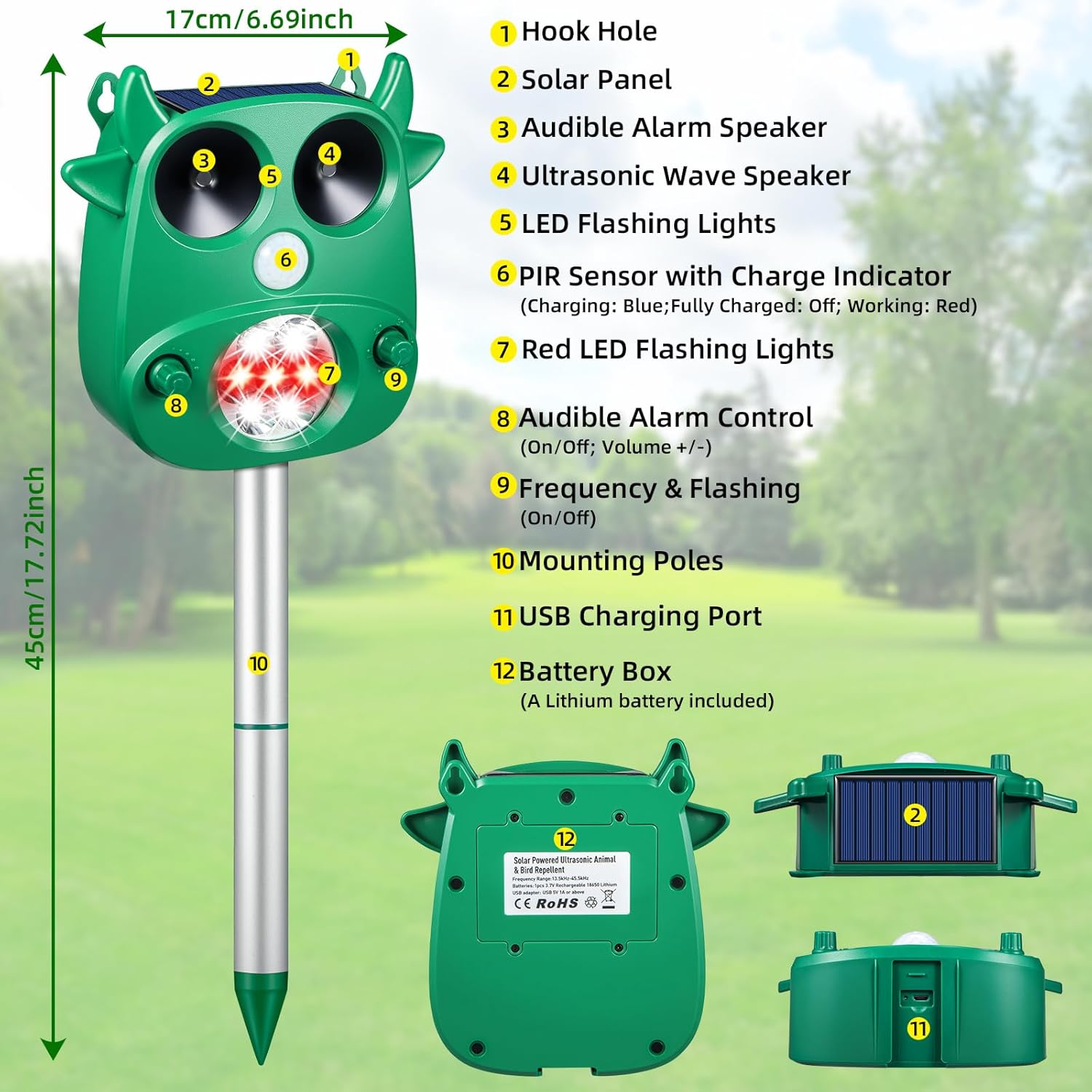 Solar Ultrasonic Animal Repeller Outdoor Deer Repellent with Motion Detection Flashing Lights Cat Repellent Rabbit Raccoon Dog Coyote Skunk Repellent for Yard Garden Deterrent Device Animal Repellent