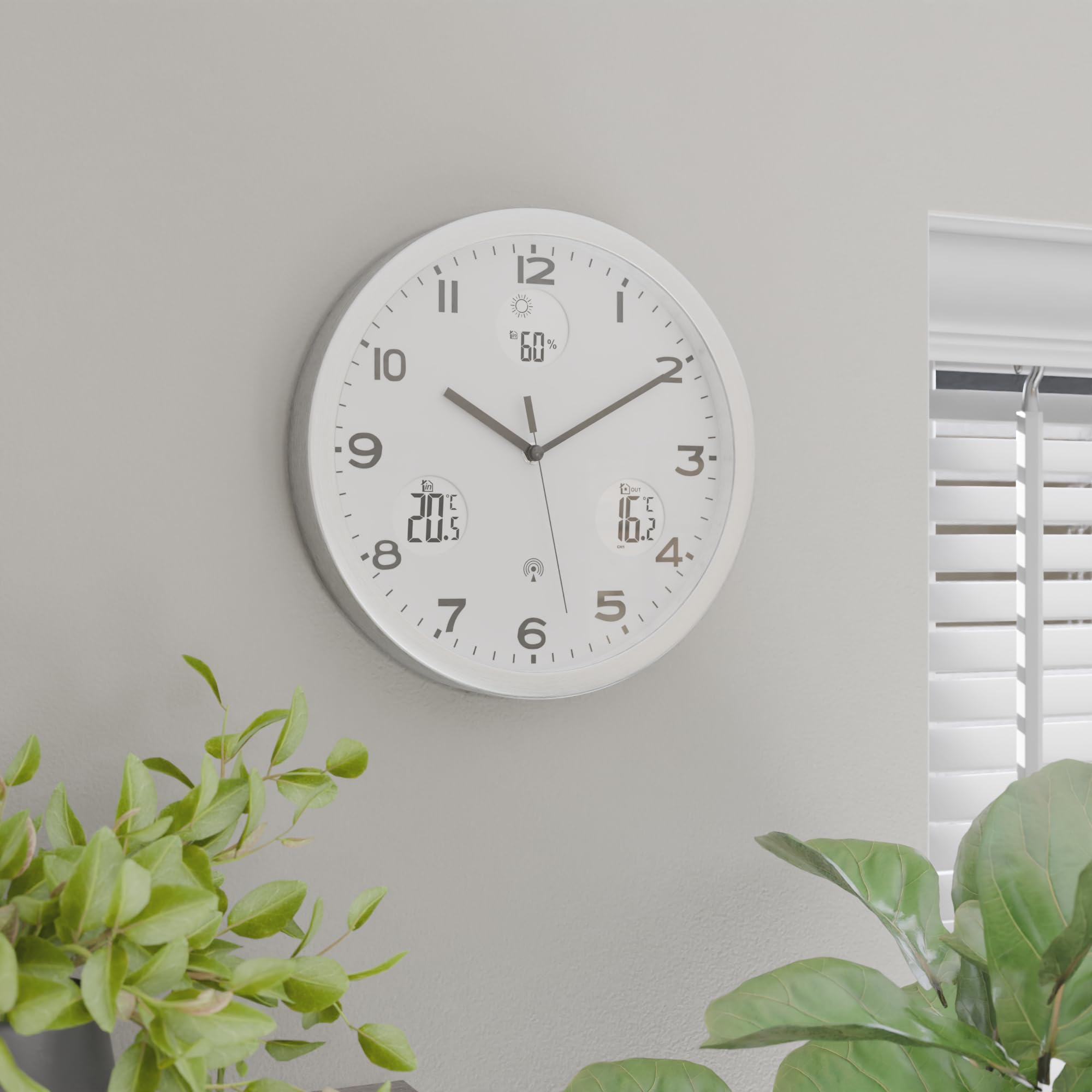 Mebus Reloj de Pared inalámbrico, Esfera Blanca, indicador de Temperatura Interior y Exterior, con transmisor Exterior, Humedad del Aire, Modelo 13150