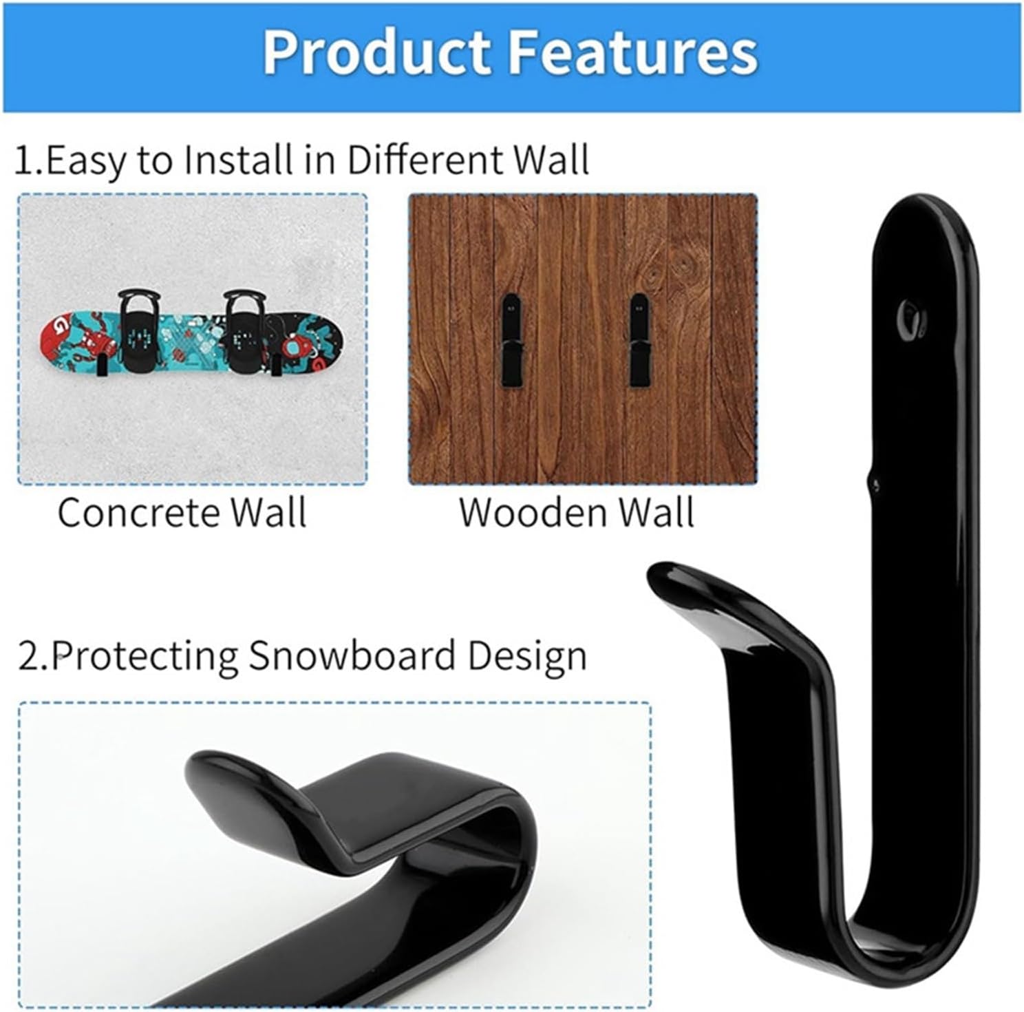 Snowboard Wall Mount 4Pcs Horizontal Snowboard Wall Racks Hanger Display Rack Ski Board Storage for Room, Garage