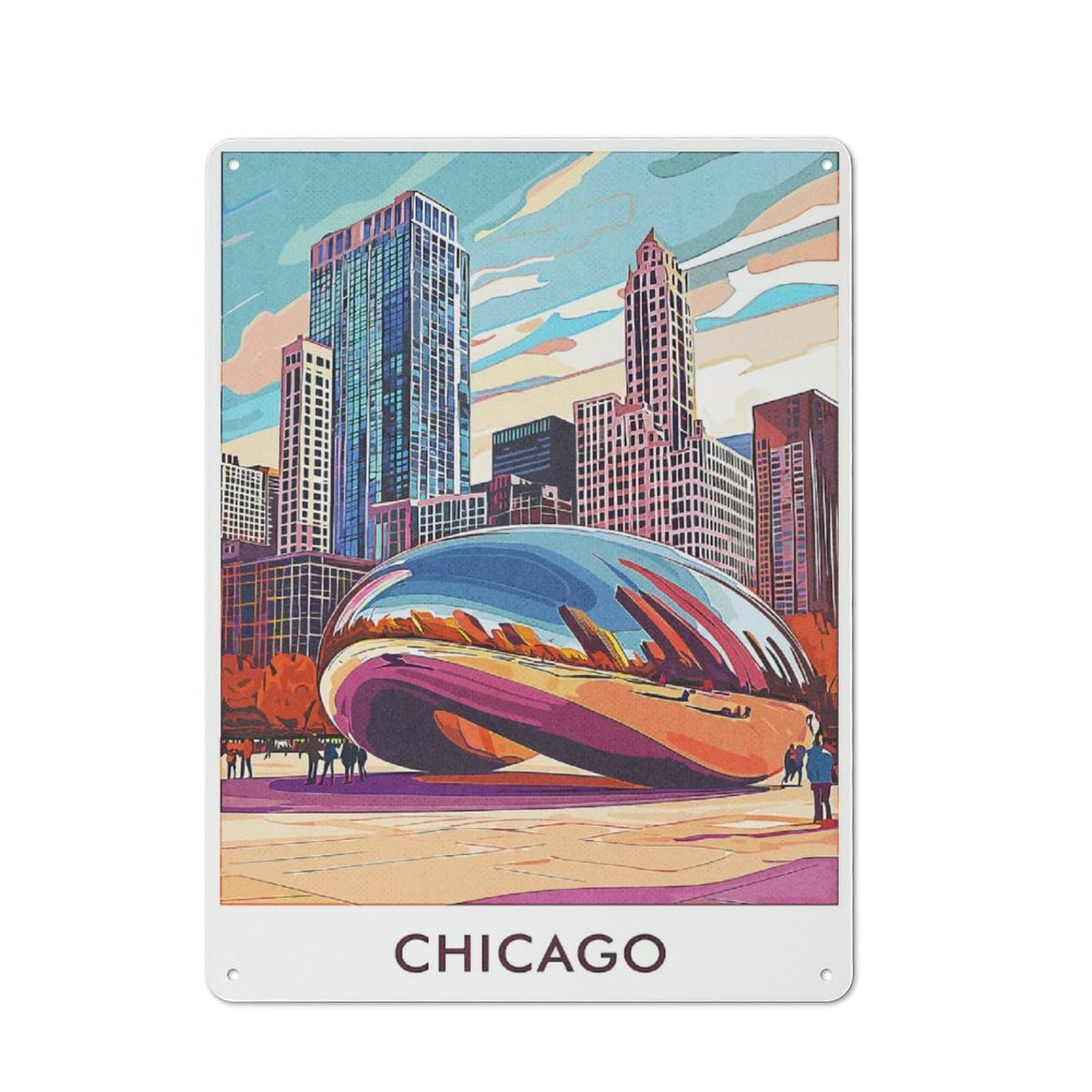 Junmoney Style-6 Tin Wall Plaque 40X30cm With Chicago Skyline With Cloud Gate For Café Or Restaurant, New Home Wall Decor For Hospitality Interior Collectors