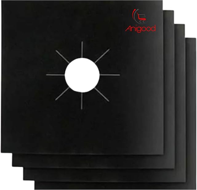 Reusable Gas Stove Hob Protectors Burner Covers Microwave Oven Liners Universal Non-Stick Teflon Sheets Heavy Duty Washable Removable Black Silver (Black, 4)