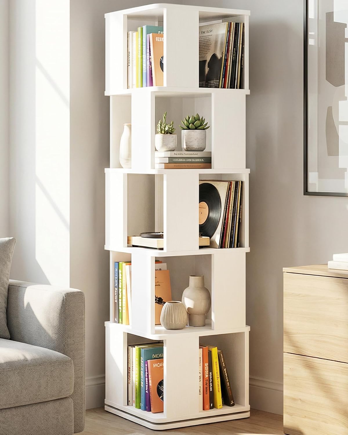 Foxemart 5-Tier Rotating Bookshelf Tower, 360° Spinning Modern Book Storage Bookcase, Stable Display Corner Book Shelf for Kids Room, Living Room, Bedroom, Home Office, White