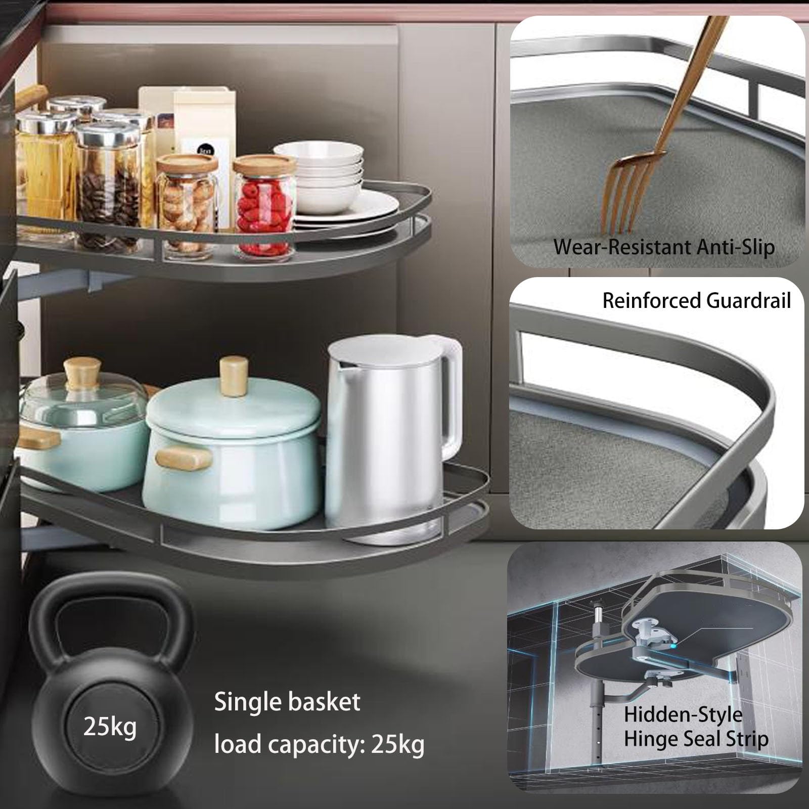 Lazy Susan d'angle coulissant à 2 niveaux pour armoires de cuisine Étagère peu encombrante pour coin oscillant gauche et droit (800 balançoires droites)