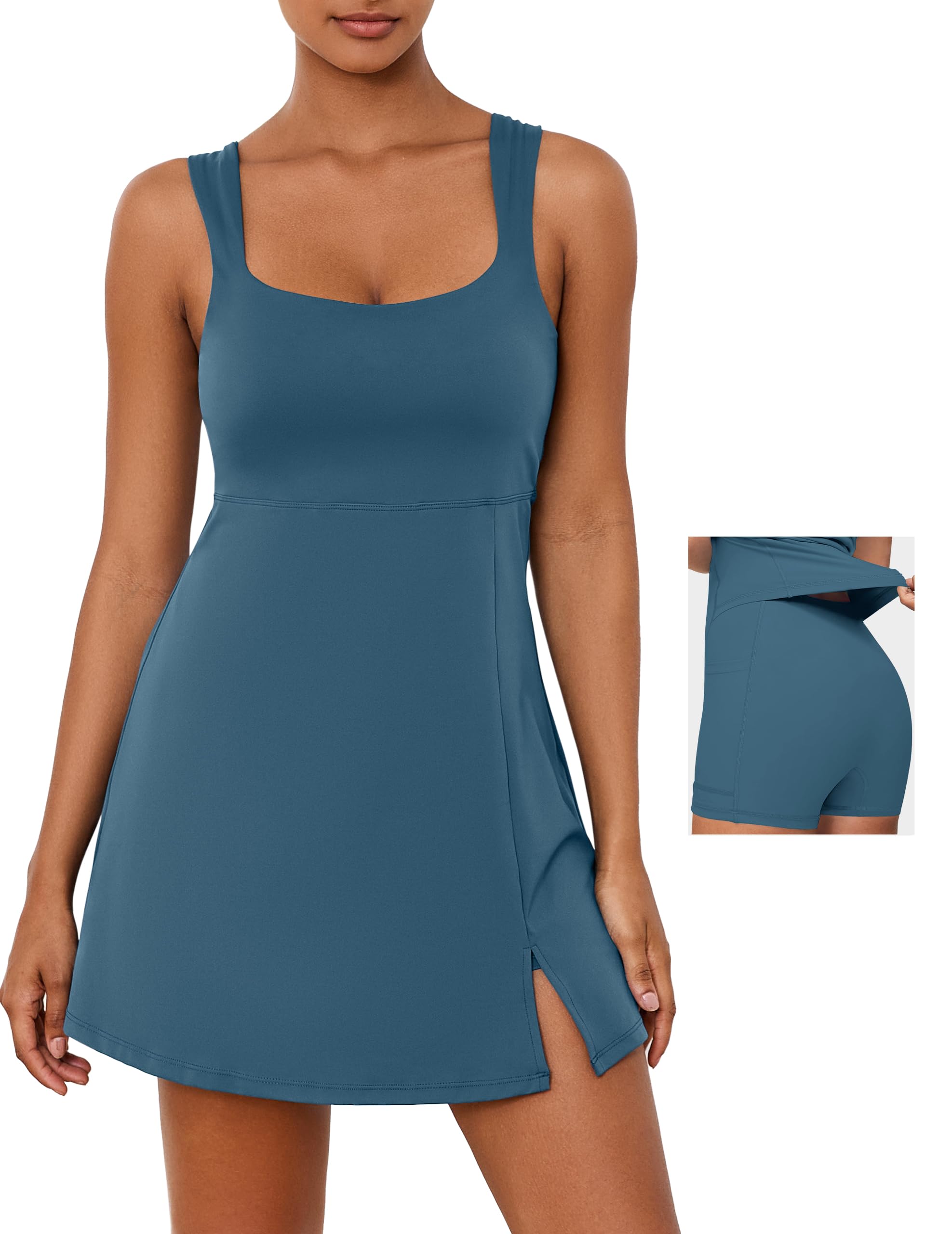 Desol Square Neck Tennis Dress with Pockets for Women Sleeveless Built in Shorts Athletic Dress Side Slit Golf Active