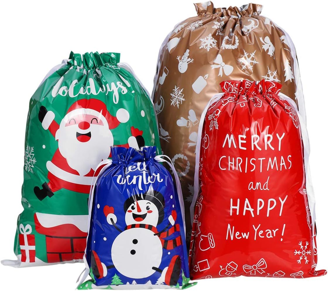 ABOOFAN Christmas Drawstring Gift Bags Bulk 30 Pcs Assorted Styles Holiday Drawstring Goody Bags Xmas Treat Gift Bags for Christmas Holiday Party Supplies