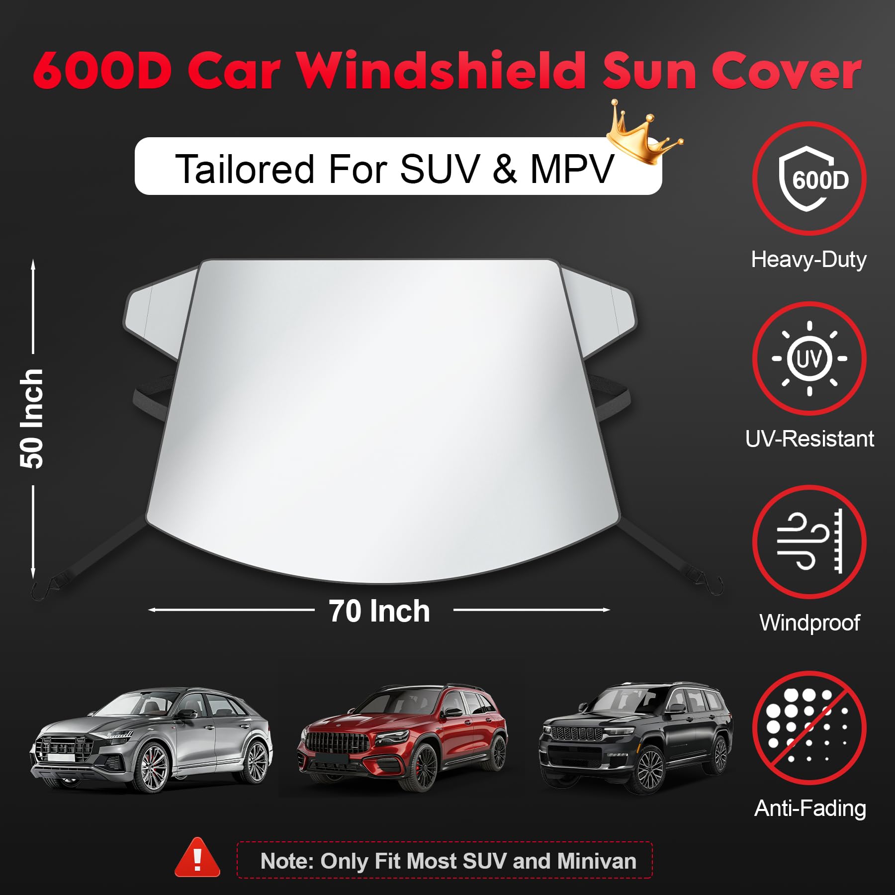 Zettum Pare Soleil Voiture 600D Imperméable UV SUV Monospace 177×127 cm | Pour gros véhicules, isolant solaire. Tissu PU résistant, fixation anti-vent, ne se décolor pas longtemps.