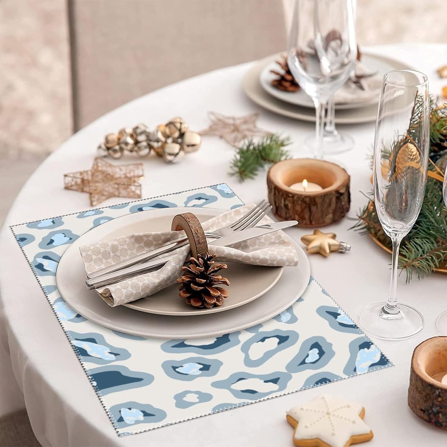 Light Blue and Gray Navy Leopard Cheetah Placemats Set of 6 Chinoiserie Animal Antelope Non-Slip Spring Place Mats Asian Dining Table Decor for Dining Kitchen Banquet Home Wedding Party