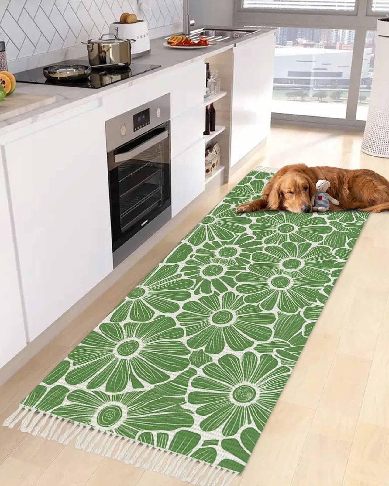 Green Spring Floral Hallway Runner Rug 2x5ft, Pastoral Flower Abstract Washable Woven Living Room Bedroom Kitchen Bathroom Carpet with Tassels,