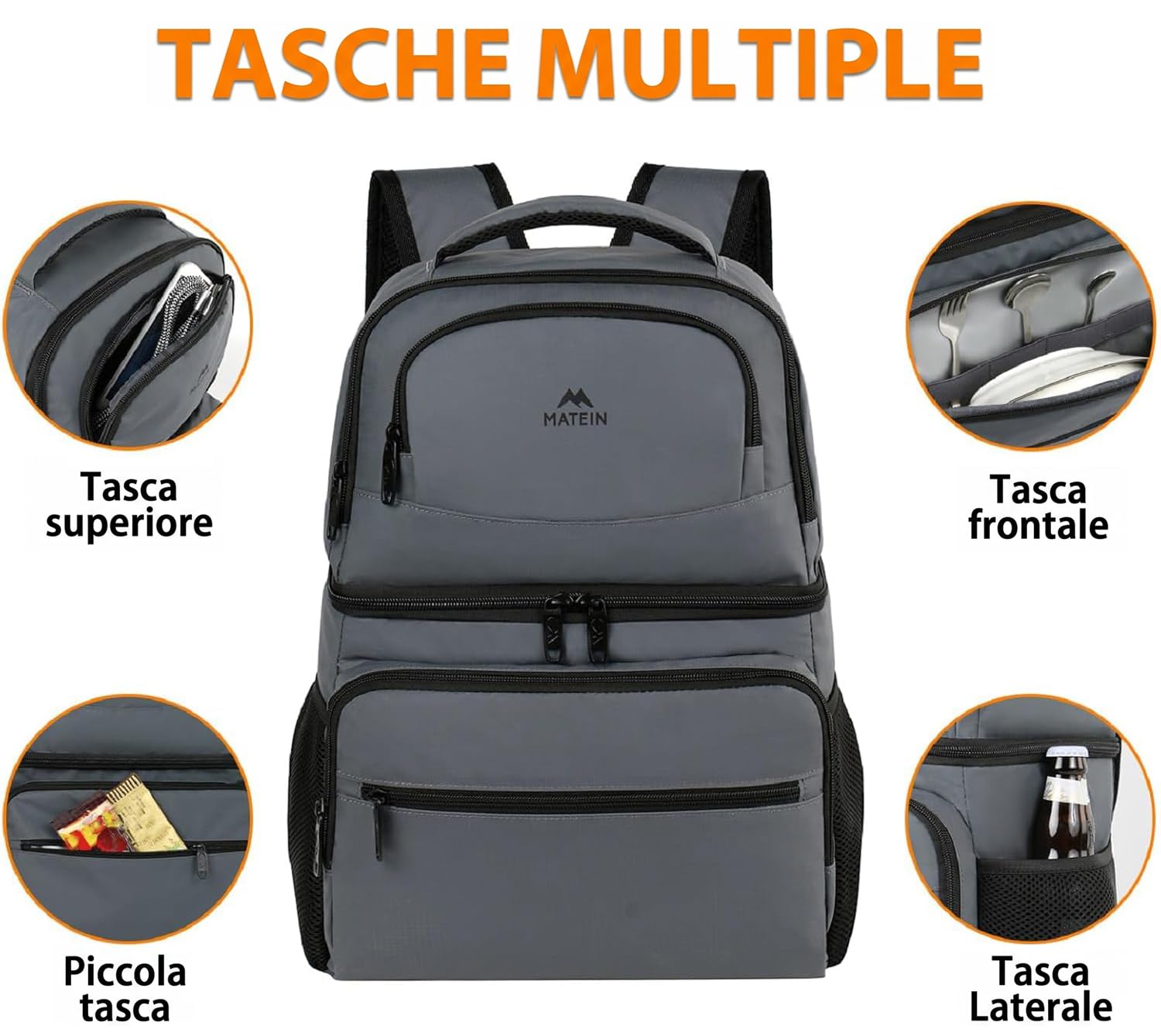 MATEIN Zaino Termico 30L (40 Lattine), Grande Zaino Frigo a 2 Scomparti | Borsa Portapranzo Antiperdita con Apribottiglie, Facile da pulire, per Picnic, Campeggio, Mare, Spiaggia e Escursioni