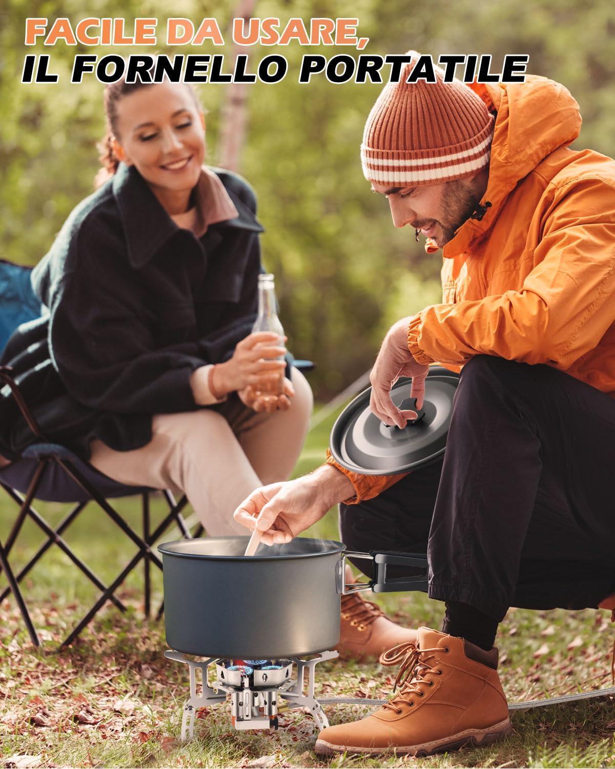 AUTOPkio 6800W Fornello da Campeggio, Portatile Antivento Stufa Campeggio | con 3 Teste di Bruciatore Piezoelettrica, Fornellino a Gas da Campeggio per Outdoor Picnic Trekking
