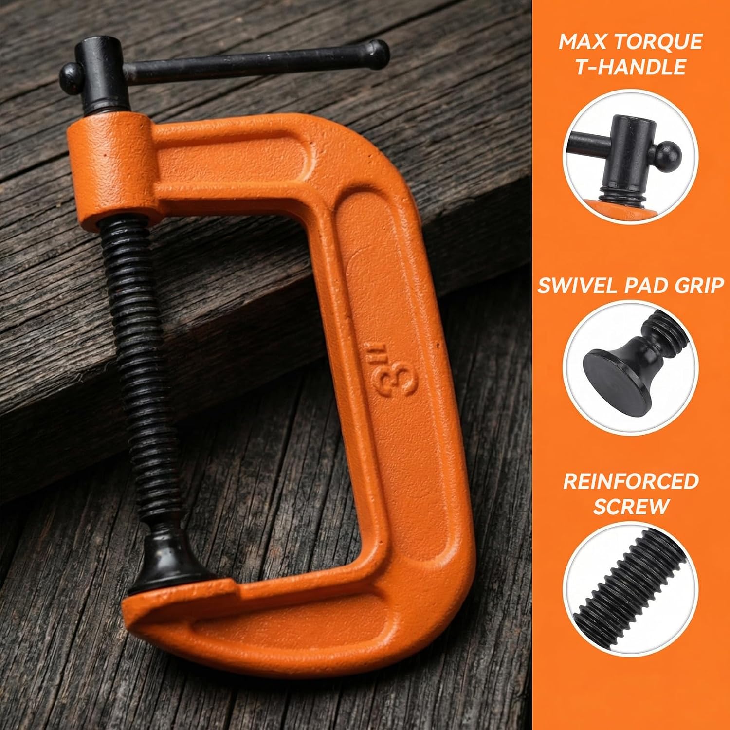 LEXININ 10 Pack 3 Inch Mini C Clamp, 90mm Jaw Opening, Orange, Small G Clamps for Woodworking Welding Building