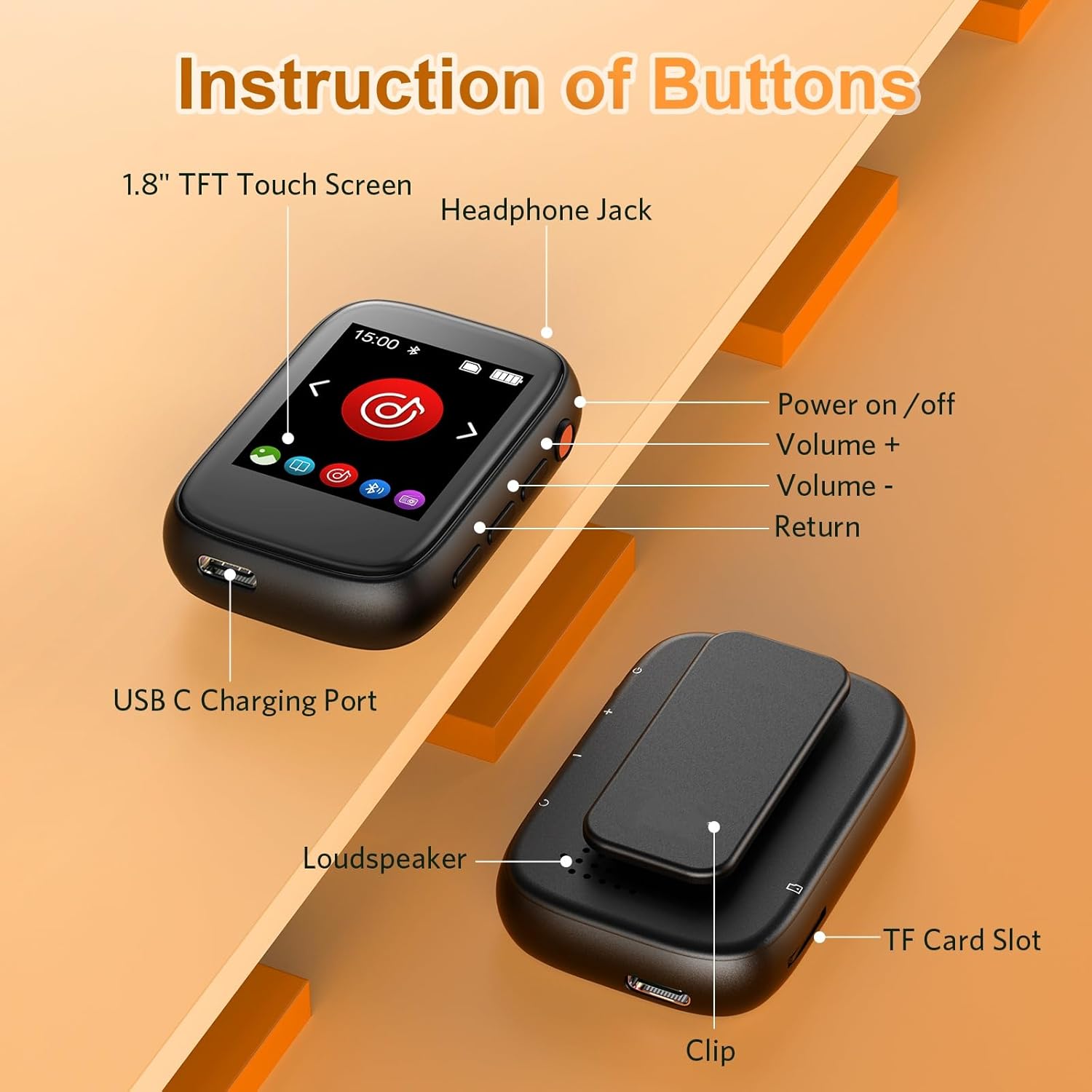 Portable Kids Mp3 Player with Clip on Back,Small Music Player with Bluetooth 5.3,Touch Screen,Biult-in Voice Record FM Radio,Micro SD Card Slot and Speaker for Outdoors Sports,Max 512GB Expand
