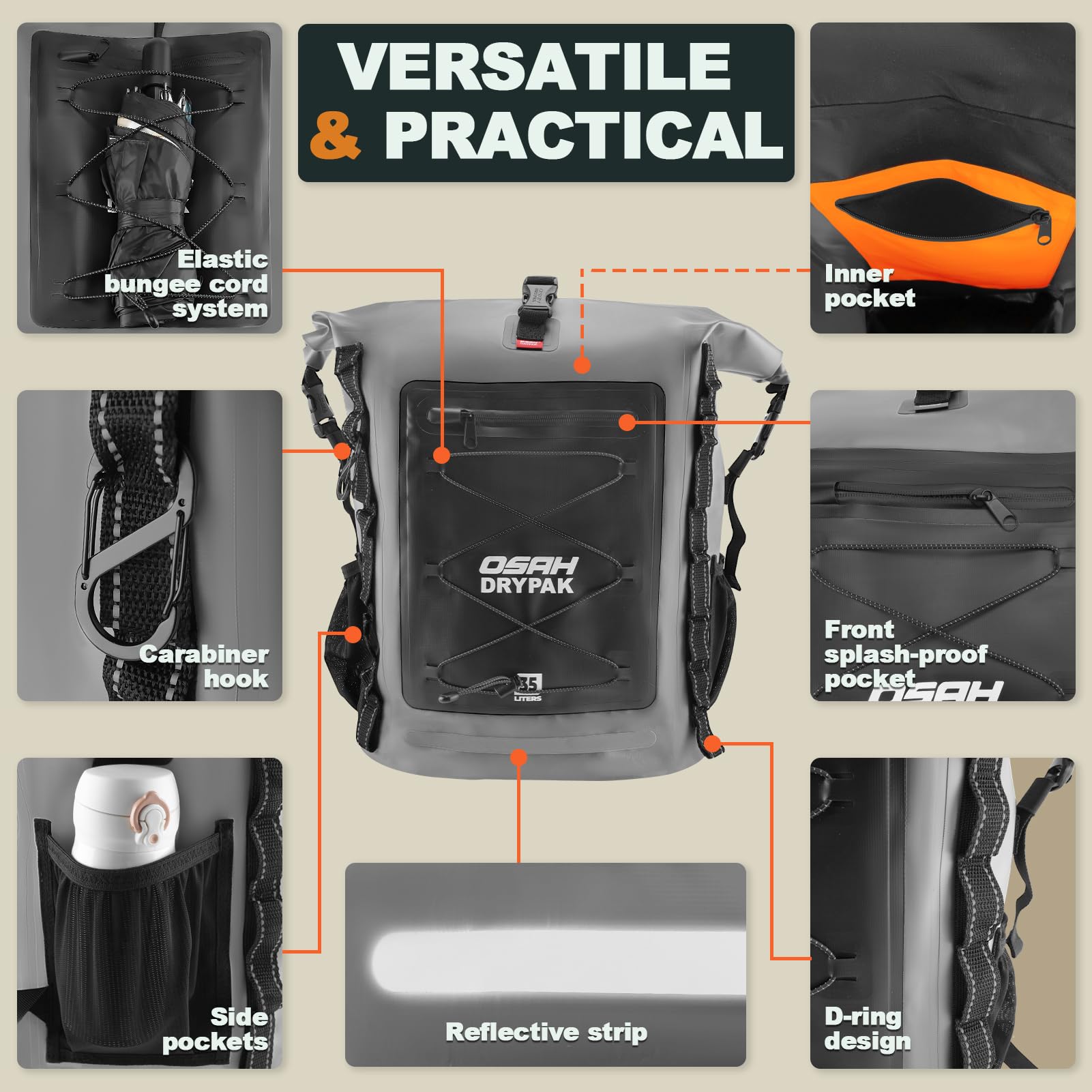OSAH DRYPAK Zaino impermeabile Dry Bag – Roll-Top Zaino da trekking per viaggi, kayak, canottaggio, campeggio e pesca