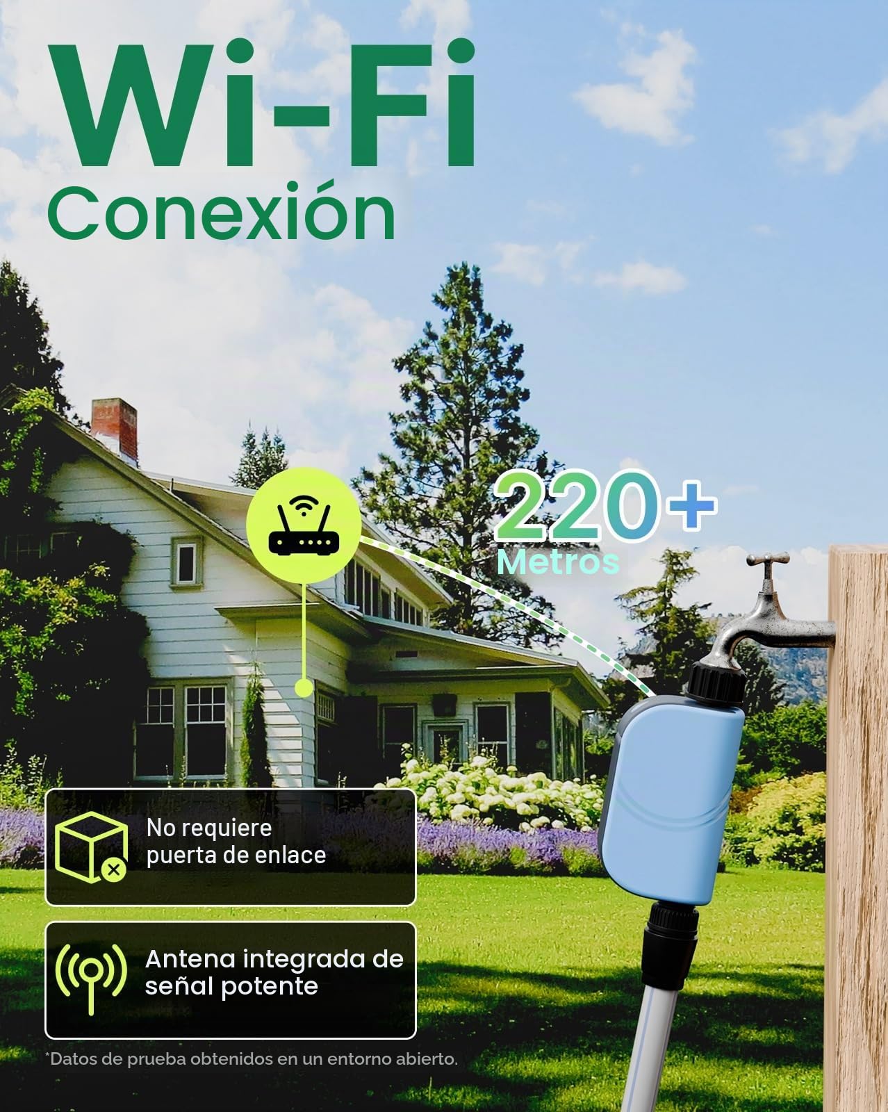 Programador de Riego Automático WiFi con Caudalímetro, Temporizador de Riego Inteligente (Sin Hub), Modos por Volumen y Tiempo, Control por App, Retraso por Lluvia, IP65 para Jardín y Césped