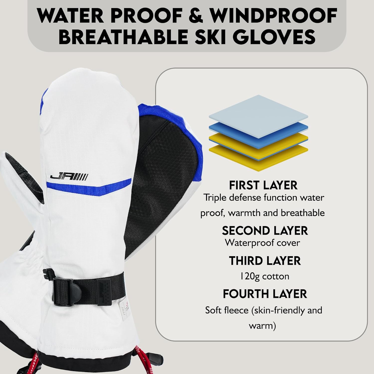 Touch Screen Waterproof Ski Mittens Women & Men with Quadruple Layer Protection, Adjustable Anti-Loss Rope, Buckle