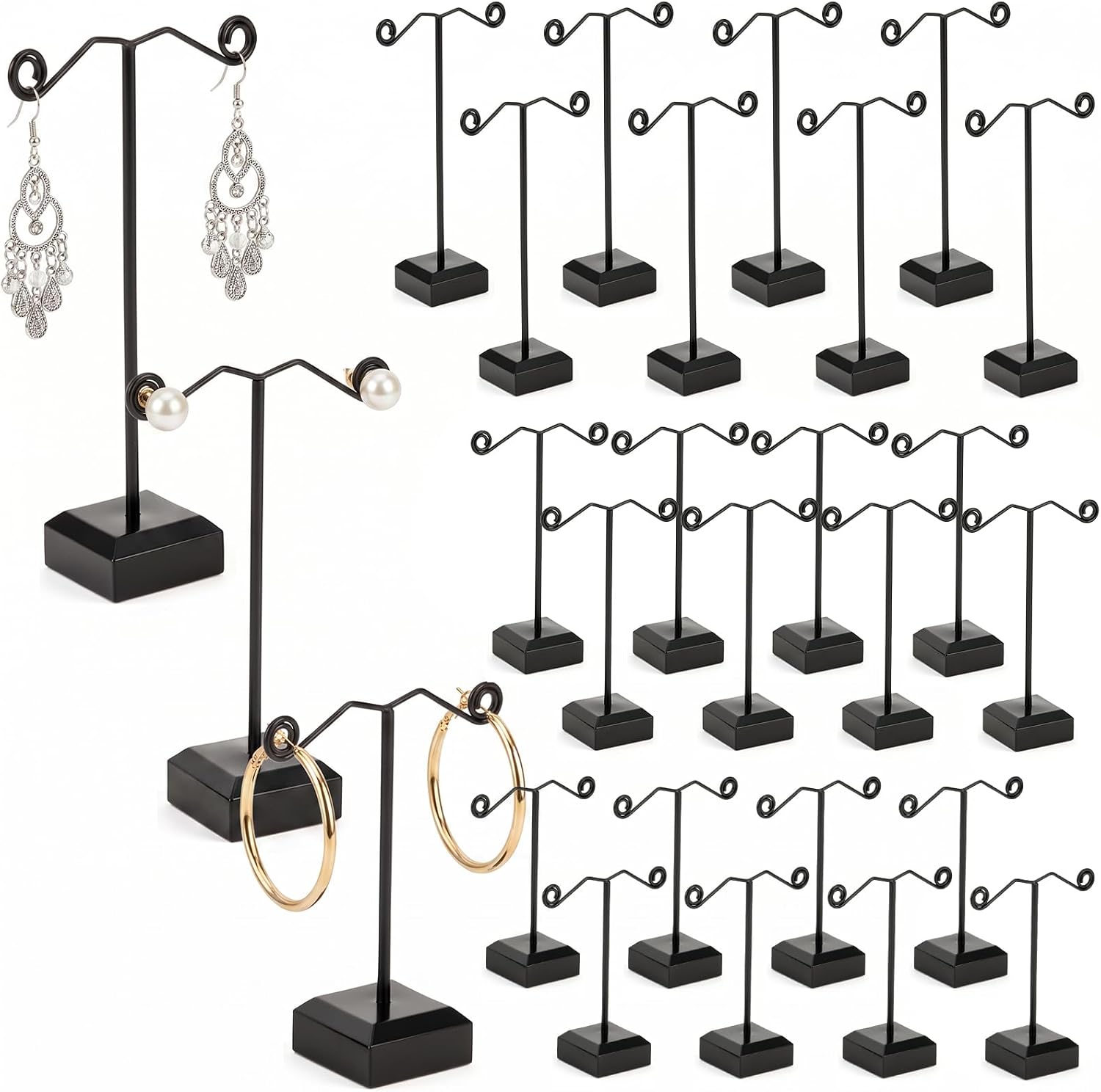 24 Pcs Metal Earring Holder, 3 Heights T-Bar Earring Display Stand with Plastic Base for Hoop & Stud Earrings, Black Jewelry Organizer for Retail Store, Trade Show, Craft Fair, and Home Use