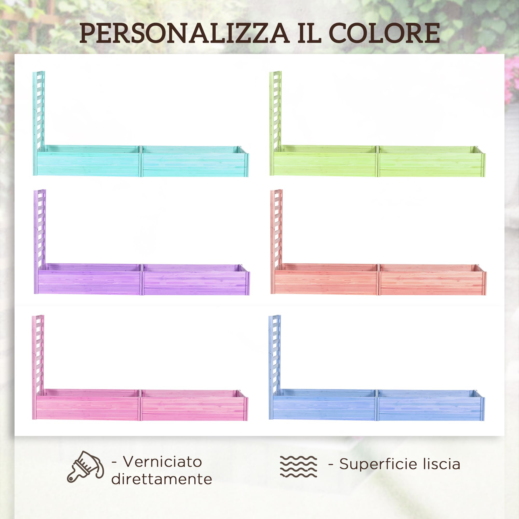 Outsunny Letto per Orto Rialzato da Esterno in Legno di Abete con 2 Fondo Aperto e Spalliera, Fioriera da Esterno con Grigliato per Piante Rampicanti, per Fiori, Piante, 230x60x110 cm, Color Legno