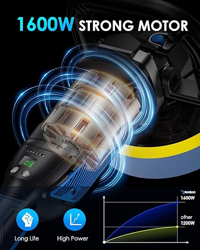 Miniatura 2 de RAYBAO Pulidora de búfer, pulidora rotativa de 1600 W, arranque suave, velocidad variable de 600 a 3000 RPM, mango desmontable, kit de amortiguador