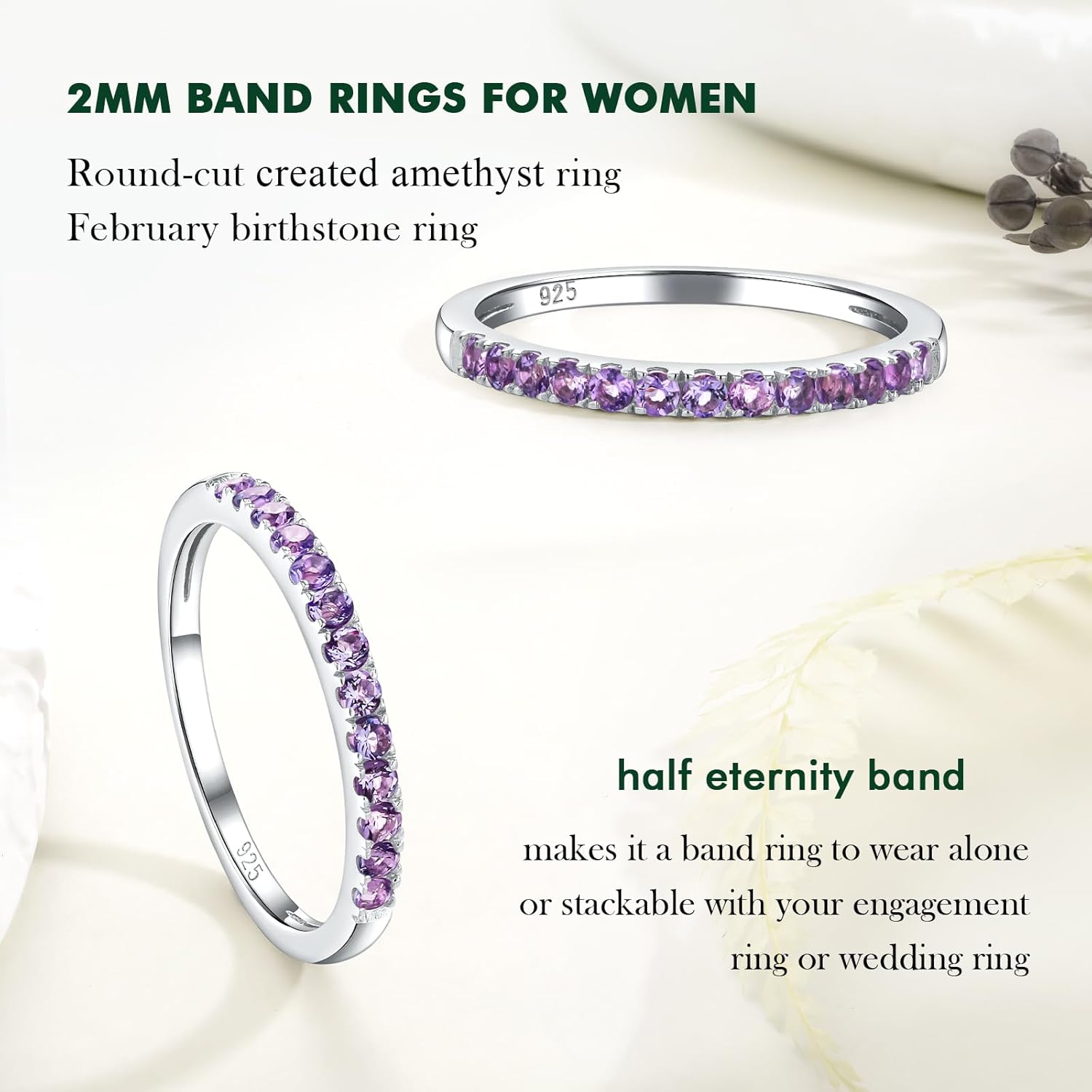 925 Sterling Silver Birthstone Rings for Women Wedding Band Created Gemstone Half Eternity Stackable Engagement Ring Anniversary Band Size 6 to 10 - Image 5