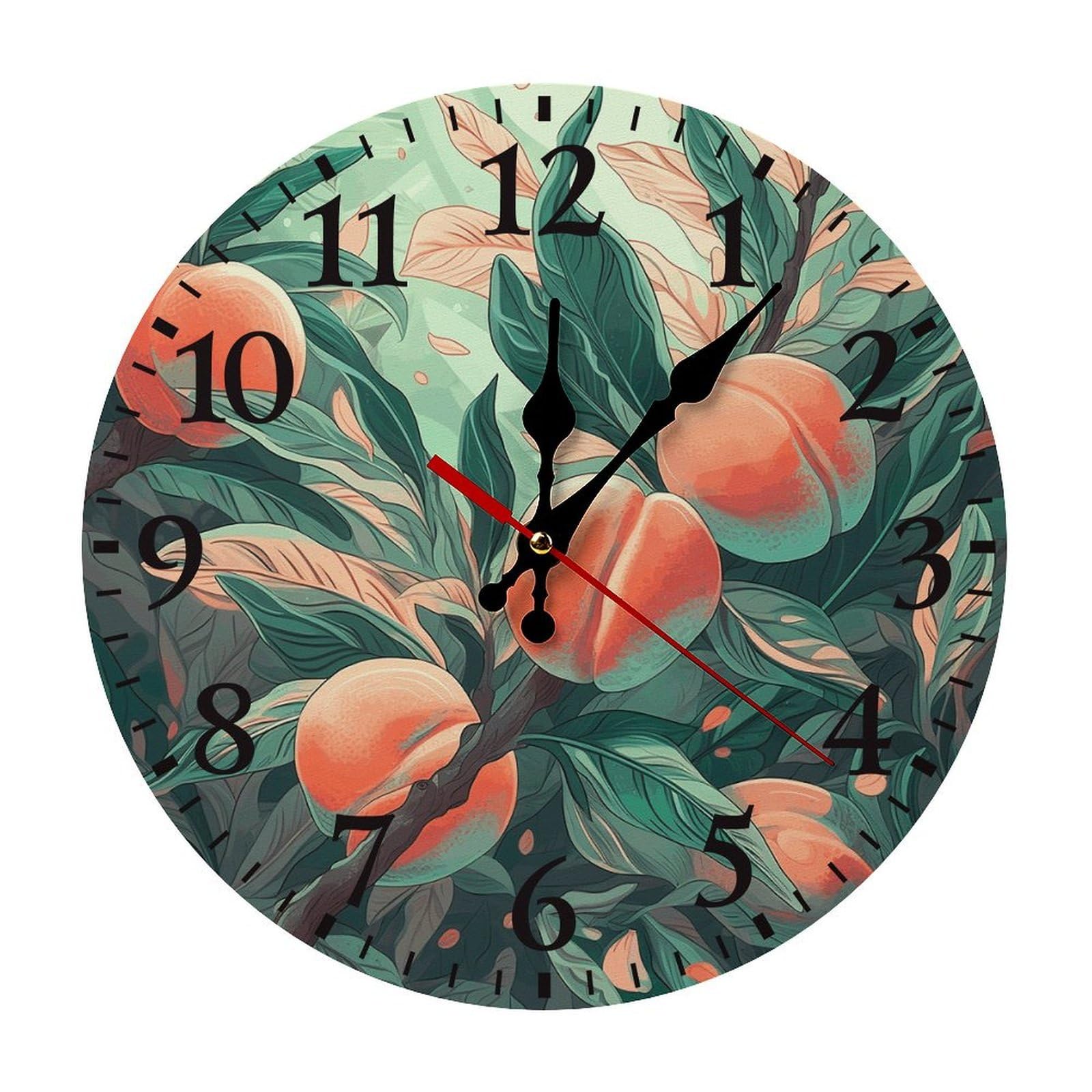 NTVOWPZO 10 Inch Wall Clock Peach on The Branch Battery Operated Wall Clocks Silent Non-Ticking Round Wall Clock for Living Room Kitchen Home Office Wall Decorative Clock