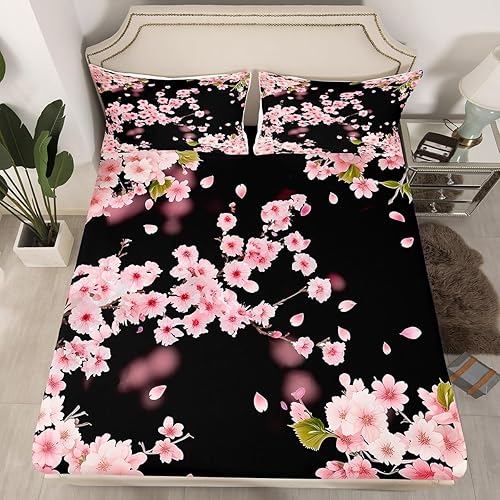 Miniatura 2 de Erosebridal Juego de sábanas de flores de cerezo, sábanas de estilo japonés para niñas y mujeres, sábana bajera ajustable floral de plantas