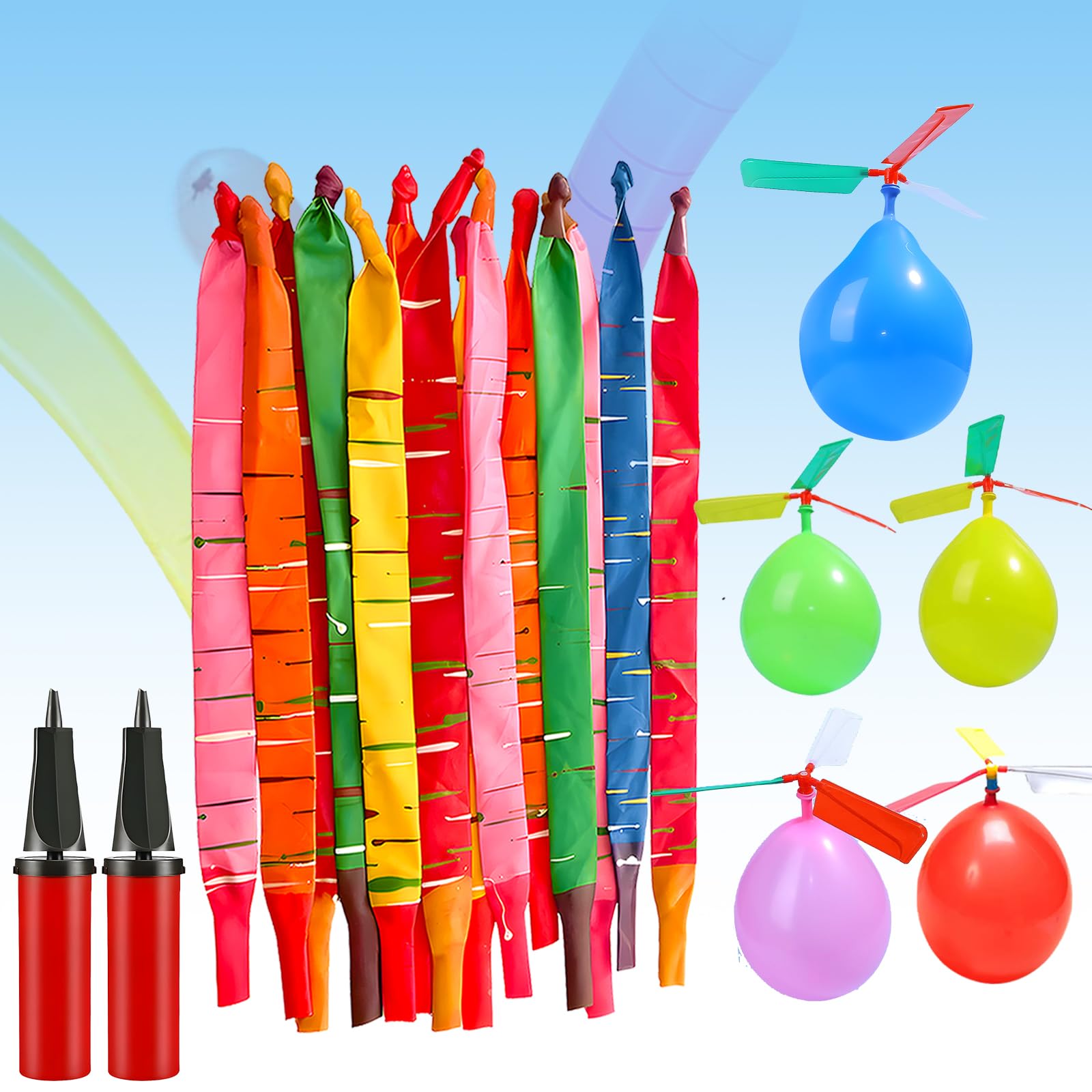 Rocket Balloons with 2 Pumps – 100pcs Whistling Flying Rockets + 5 Helicopter Balloon Toys, Screaming Air Rocket Set for Kids, Outdoor Party Games and Birthday Gifts