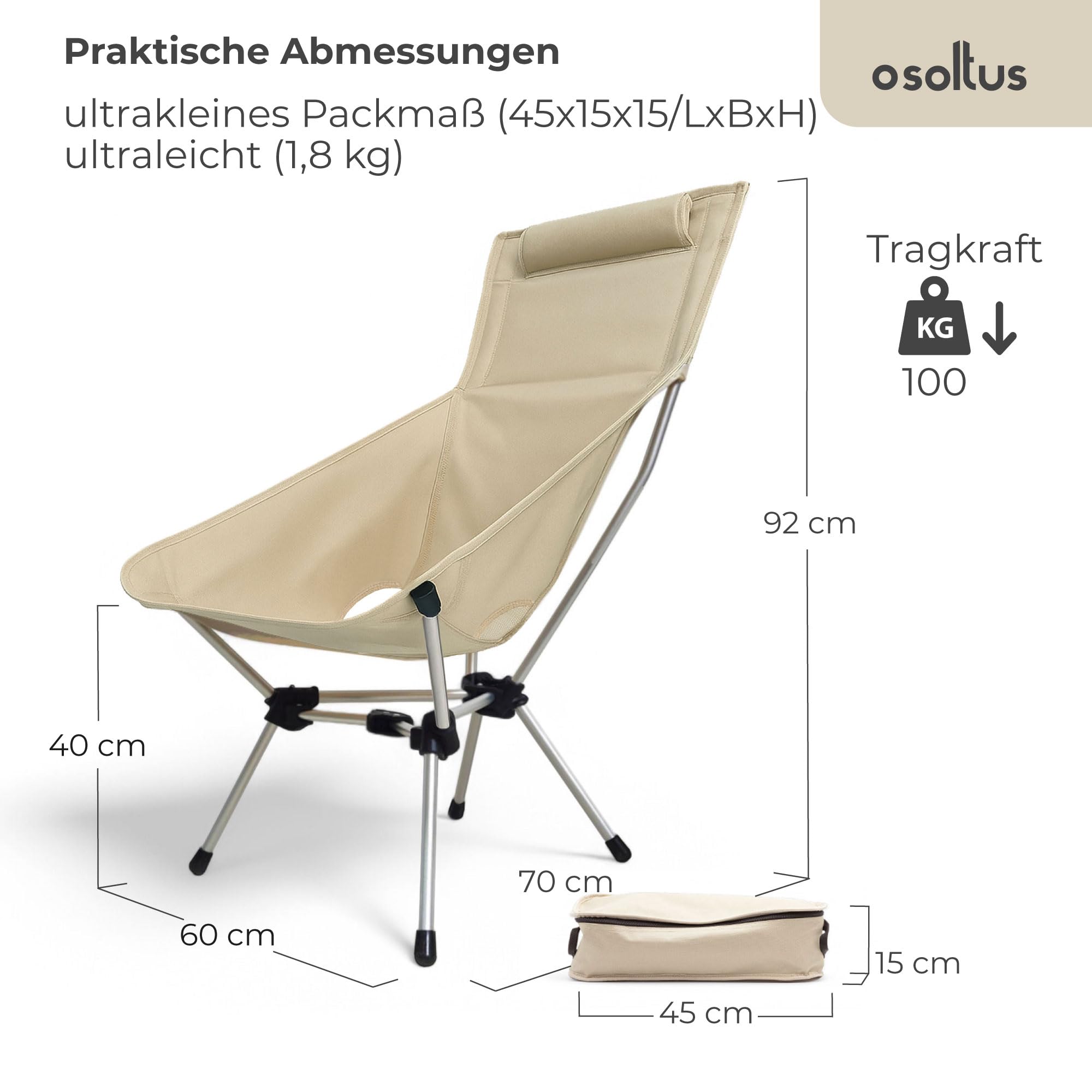 osoltus Campingstuhl Faltsessel Alu Ultraleicht und kompakt | Stabiler Campingsessel Nordkap bis 100 kg