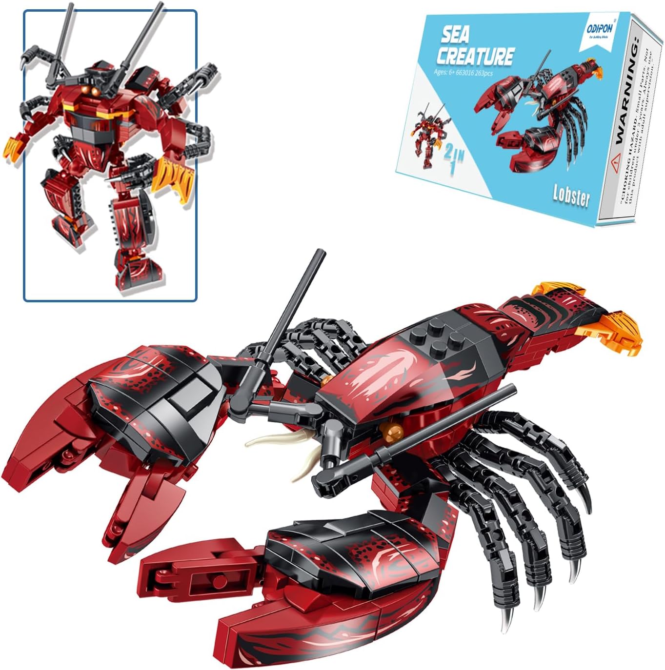 ODIPON Sea Animal Building Blocks 2 in 1 Deep Sea Creatures Building Toy Sets Ocean Animal Toys for Age 6-14 Years Old Boys & Girls Creative Gift for Birthday Christmas Lobster(263pcs)