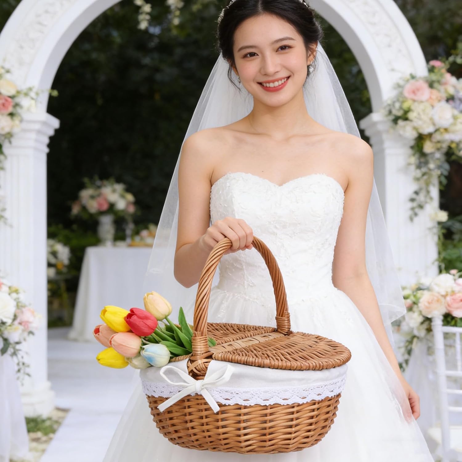 Picnic Basket with Lid Large Wicker Storage Basket for Bread Fruit Outdoor Picnic and Food Storage