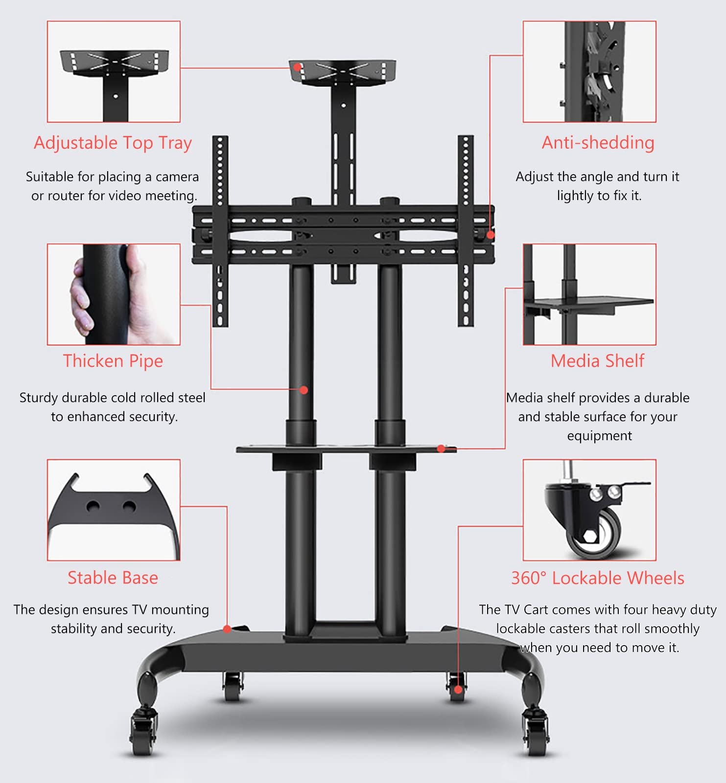 Support TV Roulant Extra Large pour téléviseurs intelligents de 3 270 Pouces Hey Duty Base Gestion des câbles TV au Sol avec roulettes réglable en Hauteur Robuste