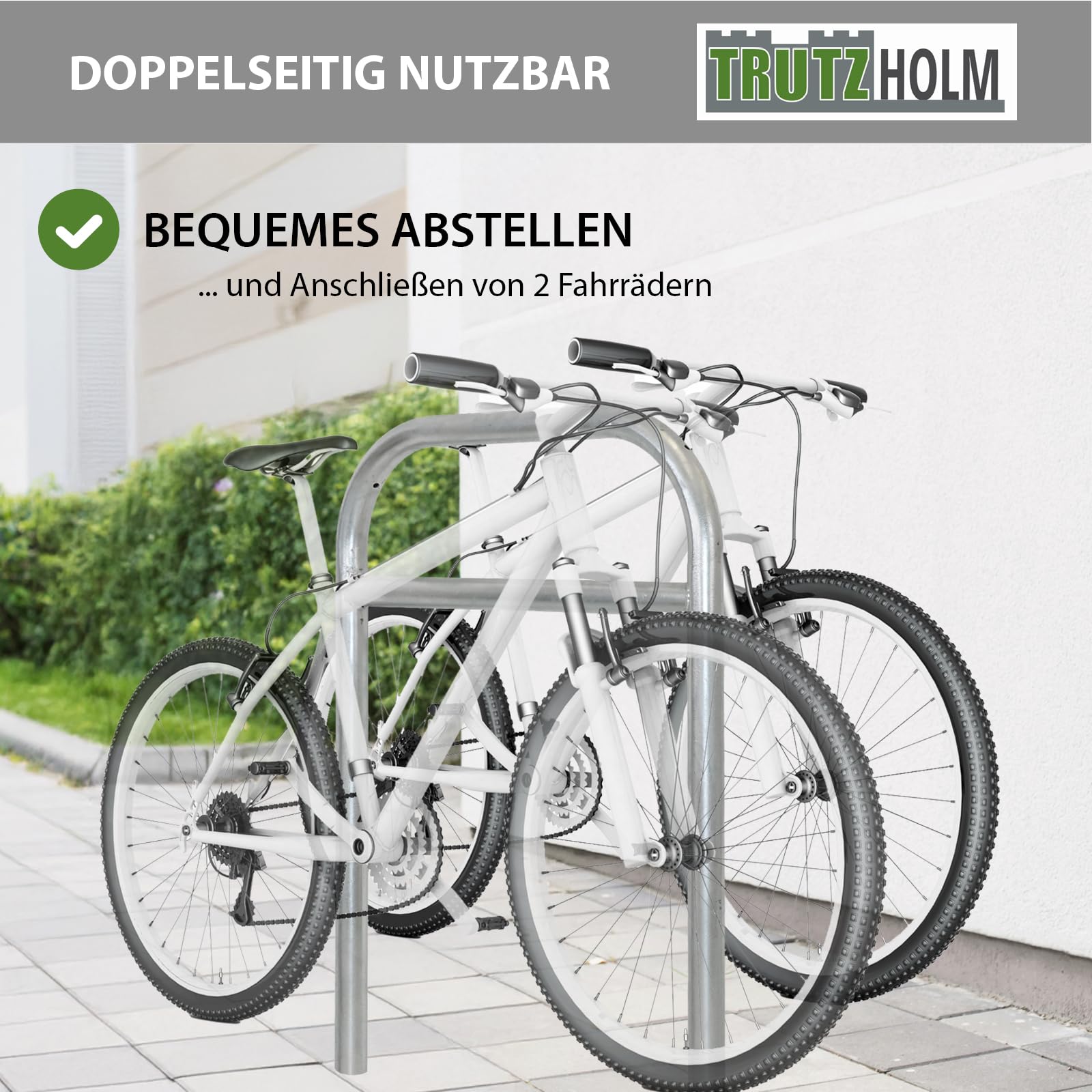 TRUTZHOLM Fahrradanlehnbügel mit Mittelrohr 115 x 78 cm Stahl feuerverzinkt Ø 49 mm zum Einbetonieren Fahrradständer für 2 Fahrräder beidseitig nutzbarer Parker Diebstahlschutz für Fahrräder