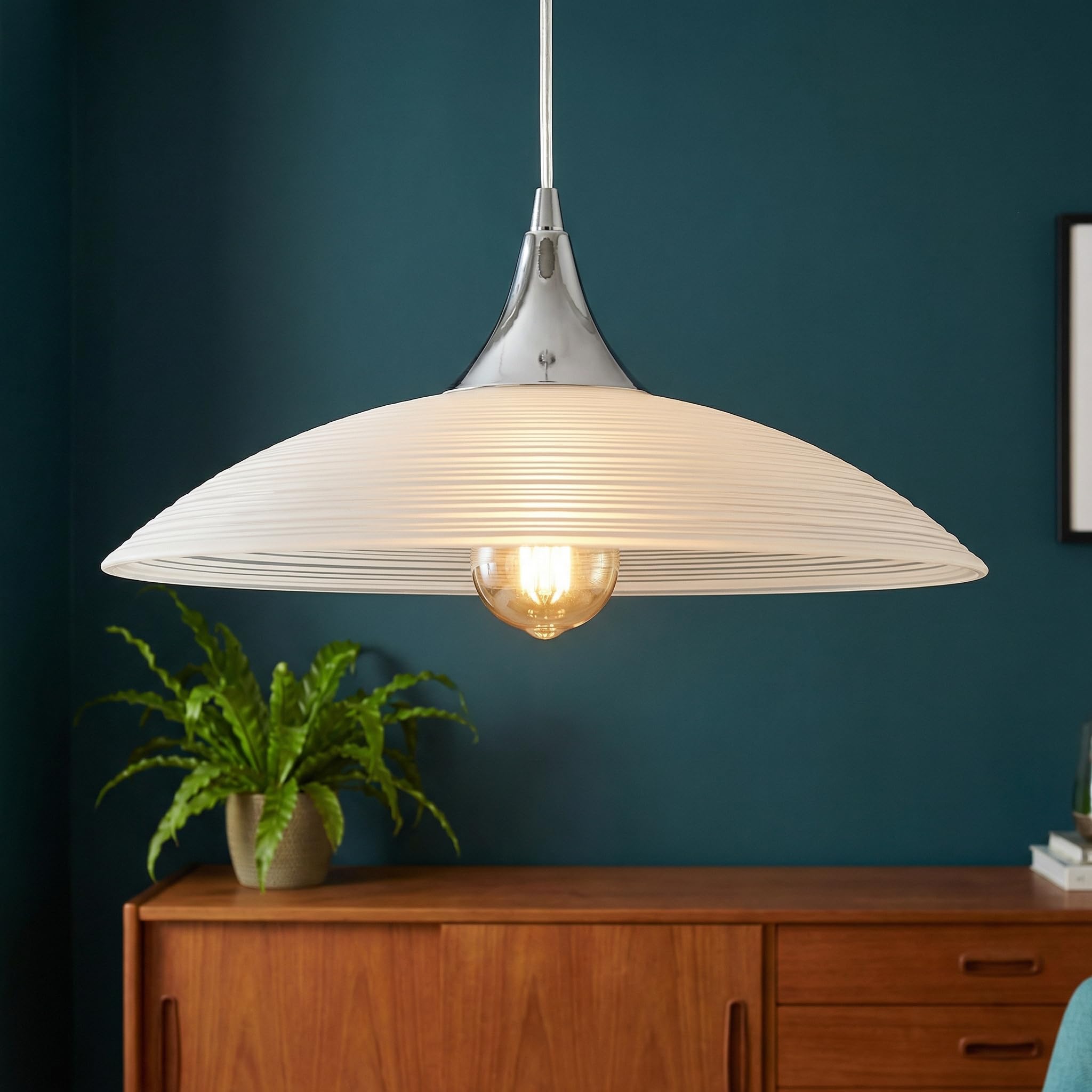 Lampadario Sospeso E27 Moderna in Vetro, Lampada a Sospensione Regolabile in Altezza con Elegante Finitura Cromata, Lampada per Sala da Pranzo, Cucina & Soggiorno