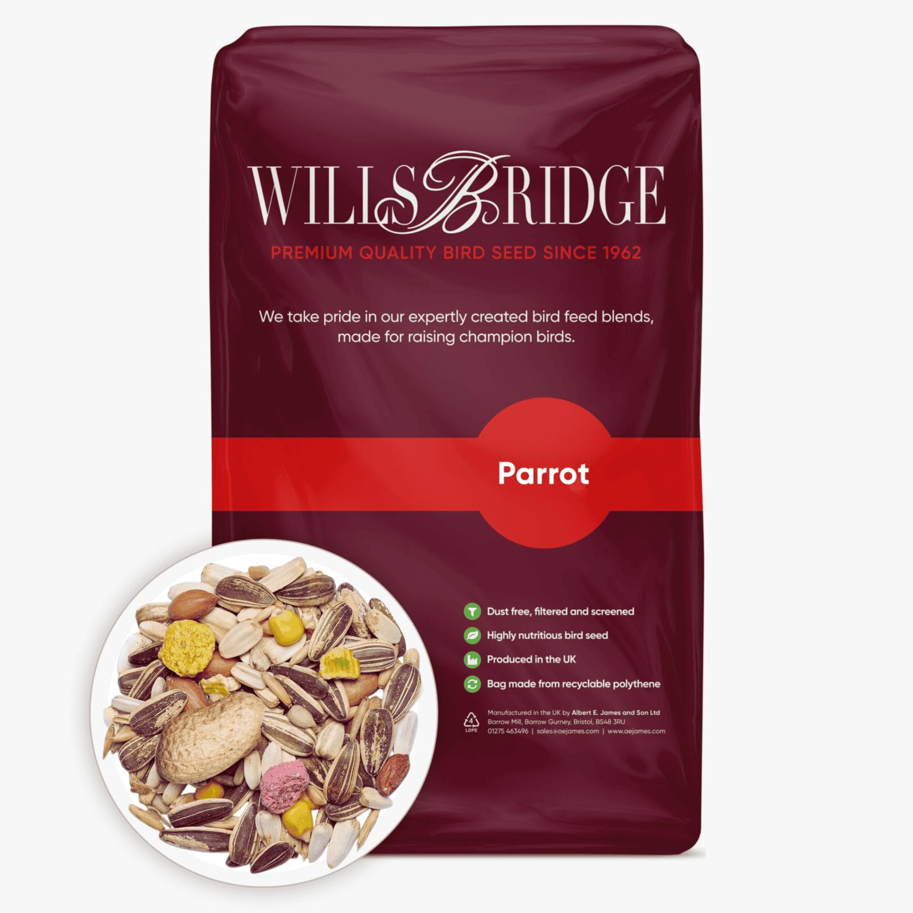 Willsbridge Parrot Food Mix 12.5kg - Premium Parrot Seed Mix - 14 Quality Ingredients - Natural Bird Food - Full of Variety and Nutrition - Dust Free