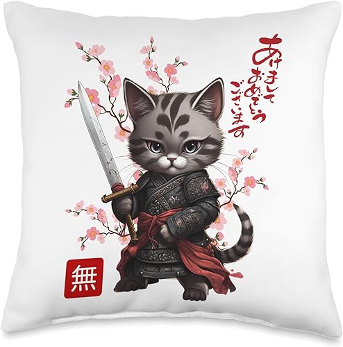 The Cute Kawaii Kitten Samurai Co. Cool Kawaii Samurai Kitten - Almohada de arte de anime para hombres y mujeres, 16 x 16 pulgadas, multicolor