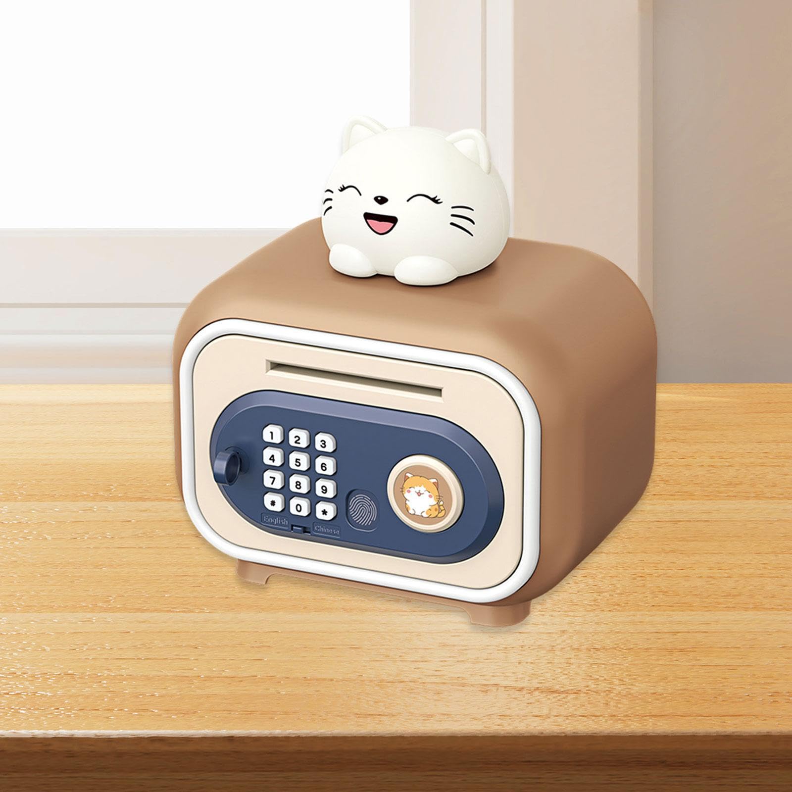 Caja de Dinero Electrónica con de Doble, Caja Fuerte con Llave Y Contraseña Modificable, Caja de Ahorros Automática de Gran Capacida, Gato Marrón, Individual