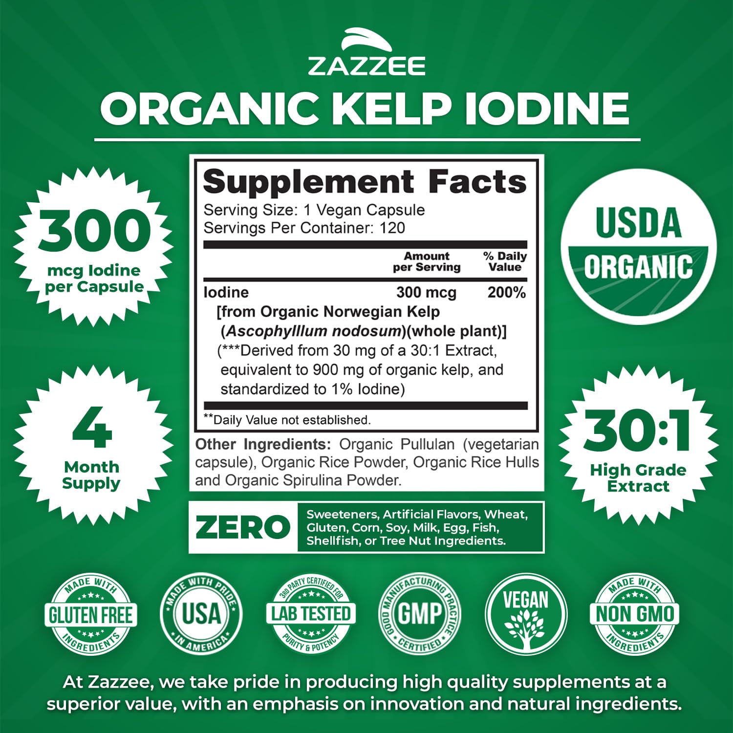 Zazzee USDA Organic Kelp Iodine 30:1 Extract, 300 mcg per Capsule, Vegan — Amazon image 3