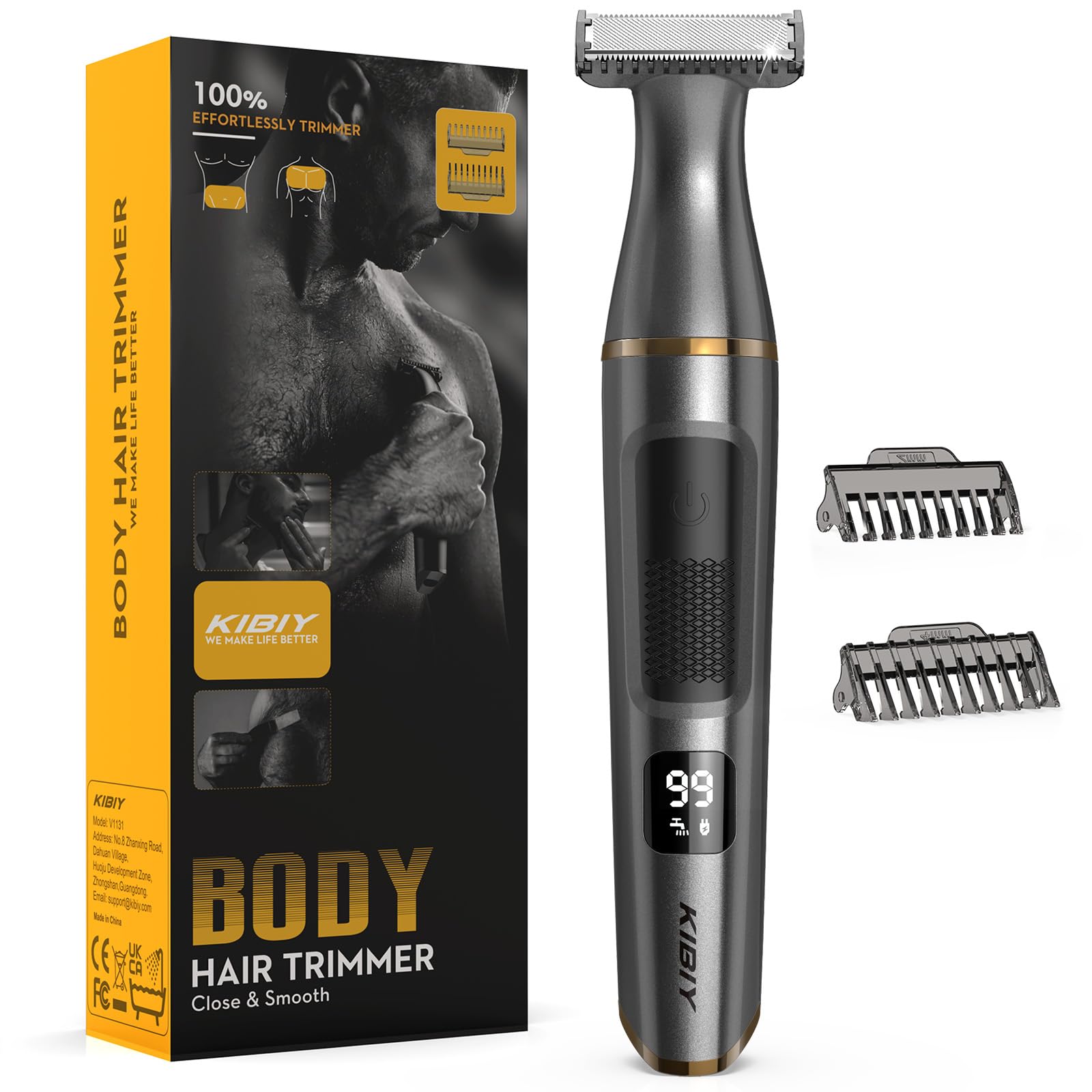 Kibiy Bodygroom - Maquinilla de afeitar íntima para hombre, con indicador LED, IPX7, resistente al agua, recargable tipo C, viene con dos peines guía