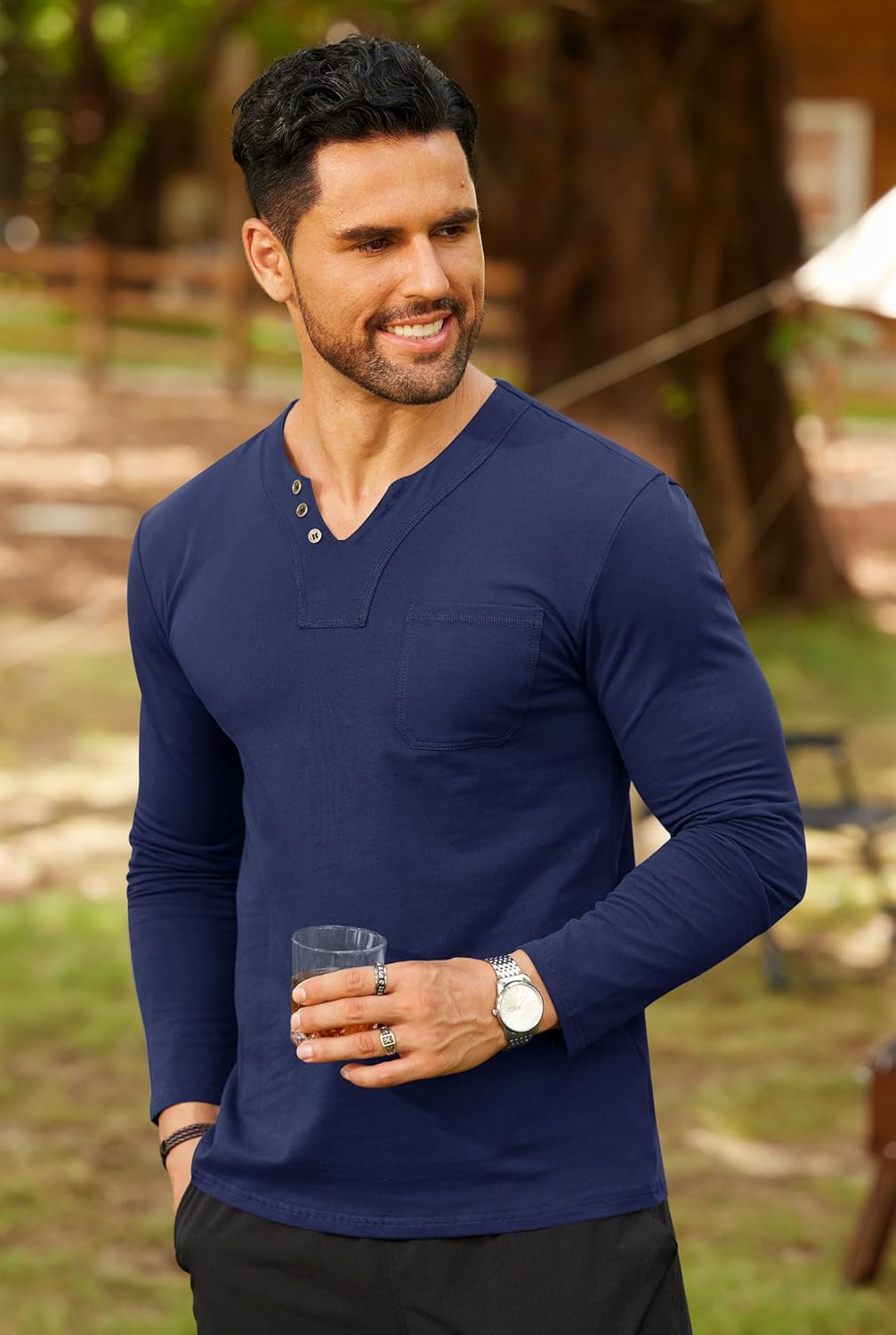 Mens V Neck Shirts Long Sleeve Casual Soft Cotton Slim Fit T-Shirt (S-XXL) - Image 3