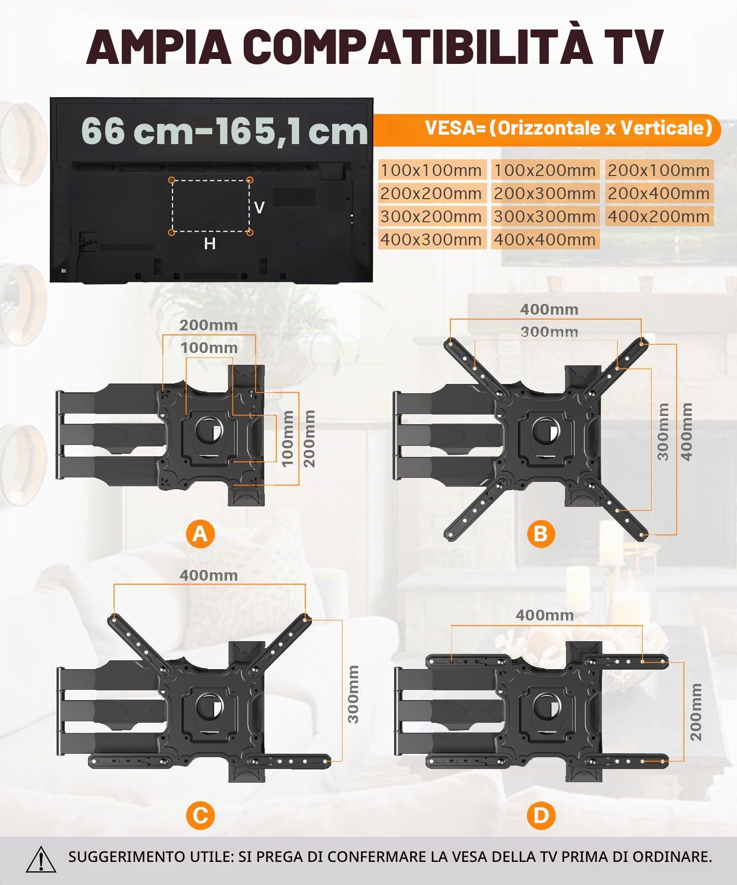 Supporto TV da Parete con Braccio Extra Lungo 720mm - Staffa per TV da 32 a 55 Pollici, Staffa Porta TV a Muro Regolabile,VESA 400 x 400 mm e Carico Massimo 35 Kg | Staffa Porta TV a Muro Regolabile,VESA 400 x 400 mm e Carico Massimo 35 Kg