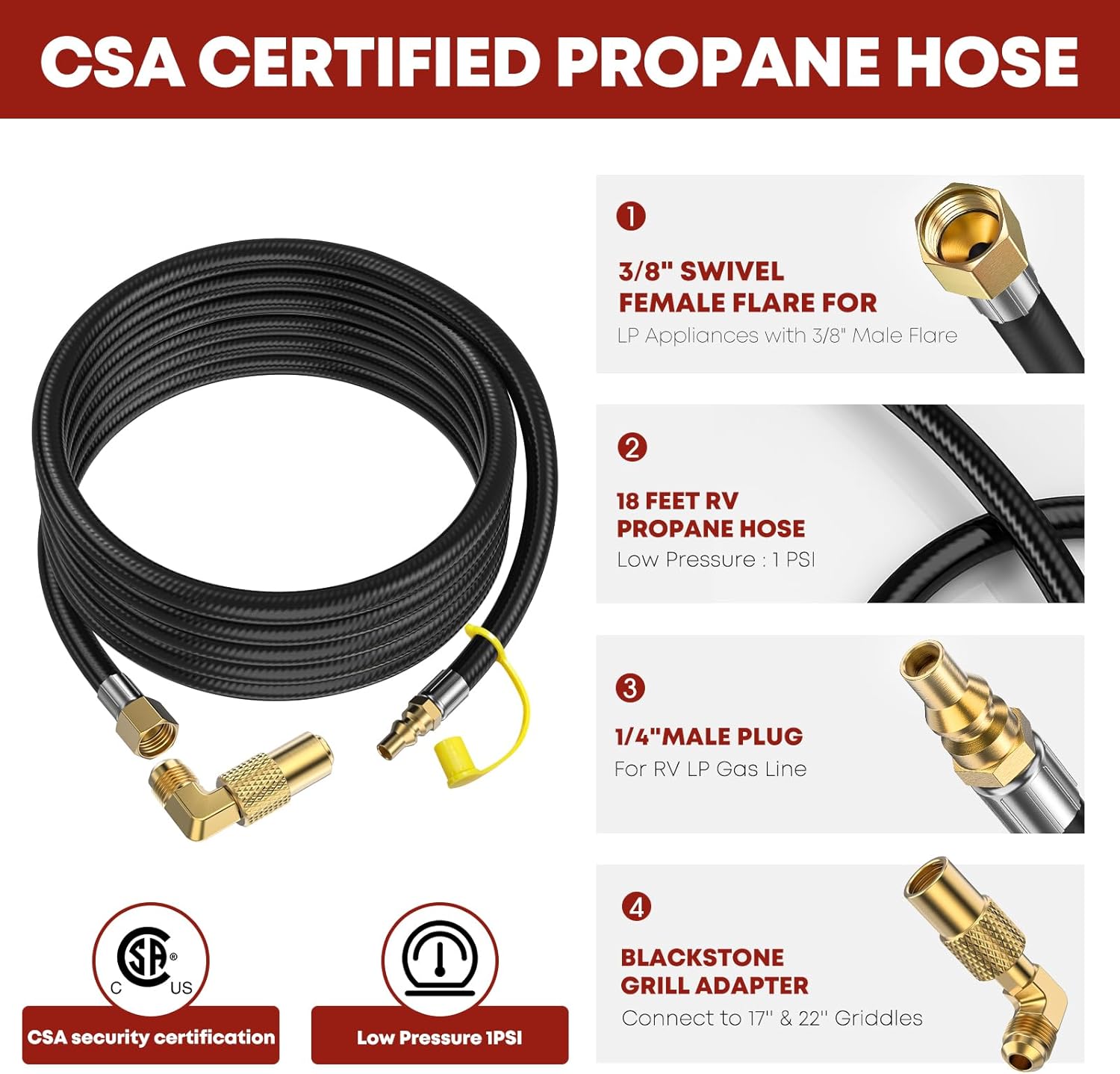 Improved Propane Quick Connect Hose for Rv to Grill, 18FT RV Propane Hose with Blackstone Propane Adapter, Fit for Blackstone 22 Inch Griddle & 17” Grill