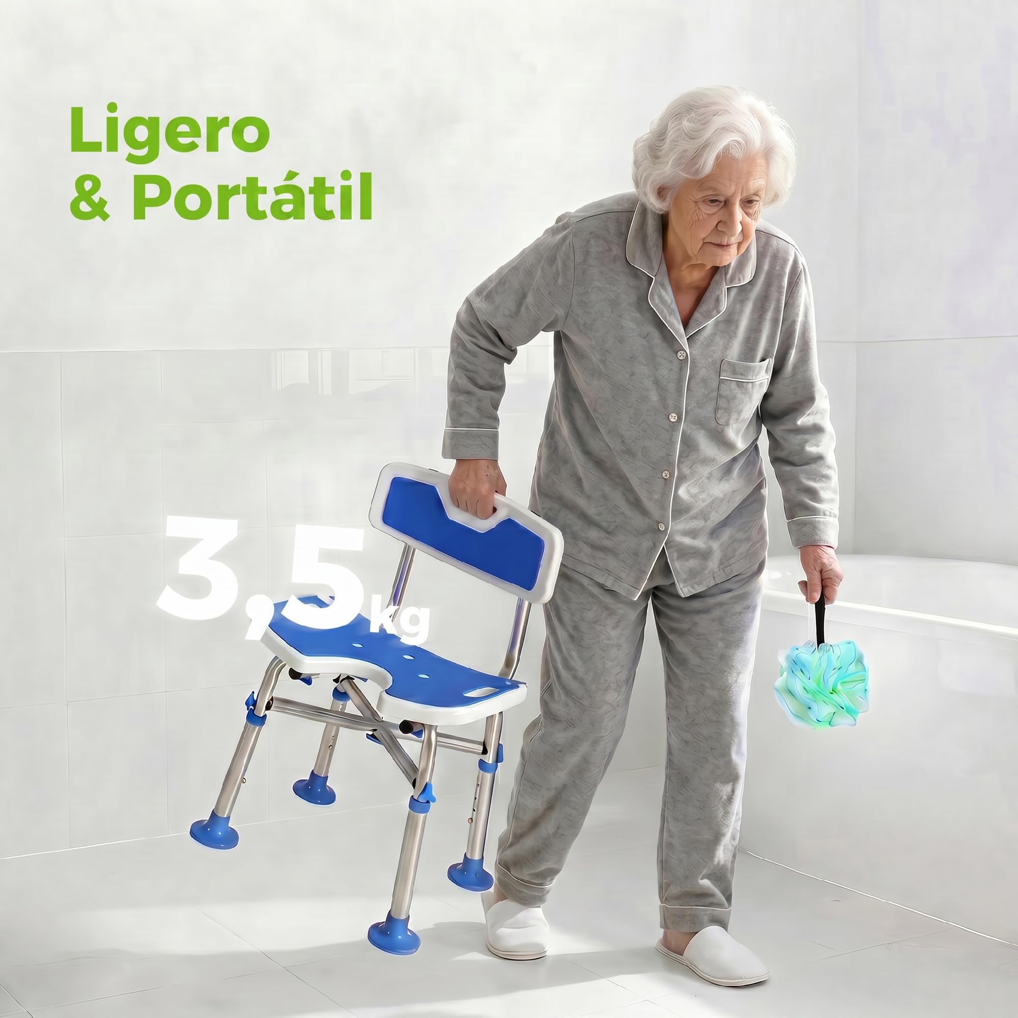 HOMCOM Silla Ducha Personas Mayores con Respaldo Antideslizante 150 kg | Altura Ajustable en 5 Posiciones, Soporte para Alcachofa, para Ancianos y Discapacitados