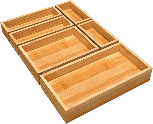MaxGear Organizador de cajones 100% bambú, 6 unidades, apilables, de madera, organizador de cajones de cocina de 18 x 15 x 2 pulgadas, organizador