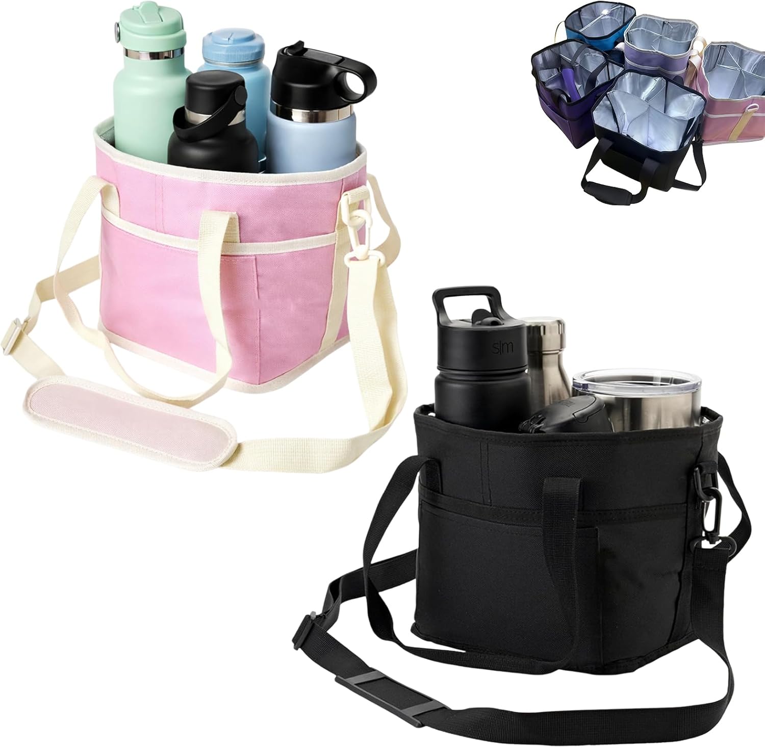 New Family Size 4 Compartment Drink Bag, Drink Holder Bag with Adjustable Strap, Reusable Insulated Drink 4 Water Bottle Carriers for Hiking, Sports, Family Outings & Daily Use