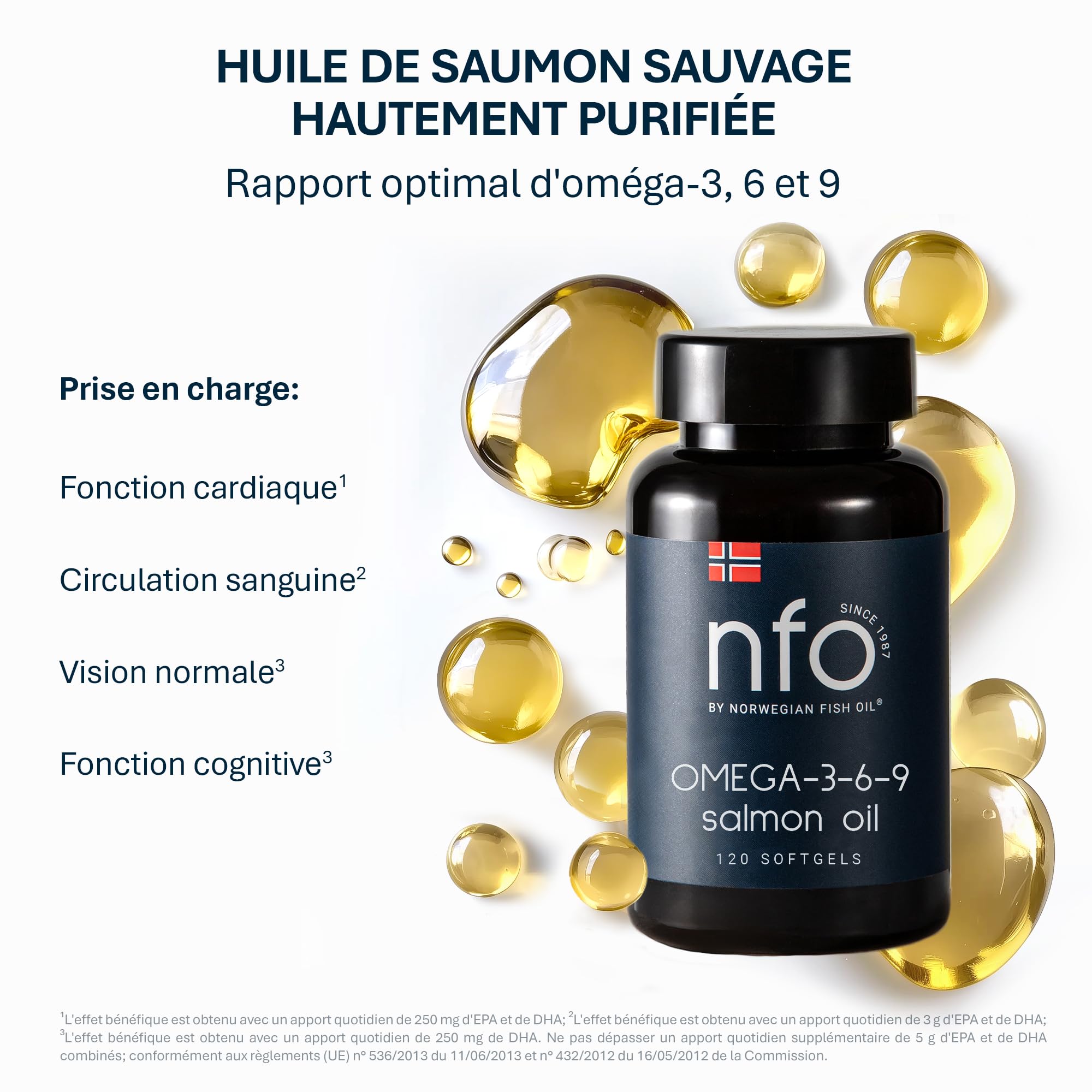 NFO OMEGA 3 6 9 HUILE DE SAUMON [120 petites gélules] Norvégiennes huile de poisson Omega 3 6 9 de saumon avec EPA, DHA, DPA en triglycérides, Omega 3 enfant et adultes, Oméga 3 gélules, 14+