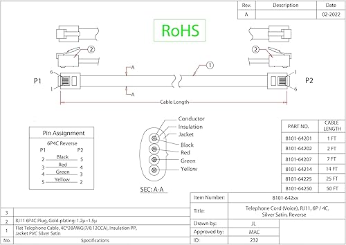 Miniatura 4 de CableWholesale Cable telefónico de 7 pies para voz (VoIP), conectores RJ11 chapados en oro, 6P  4C, satén plateado, 28AWG, reversa, cable de