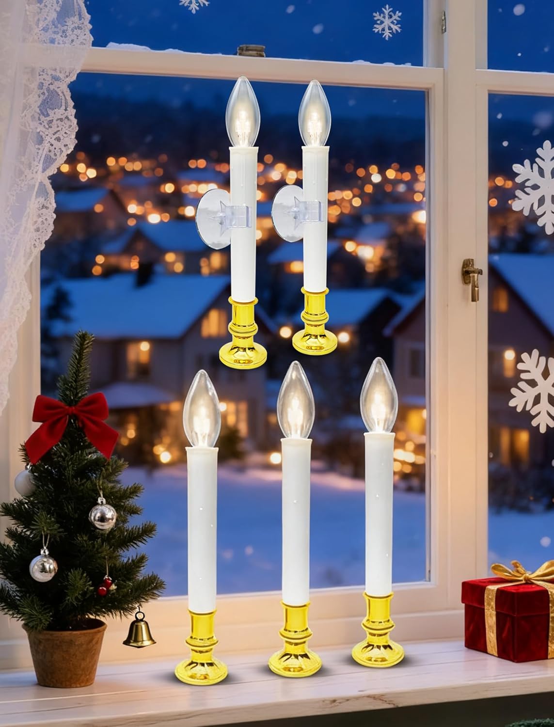 Christmas Window Candles with Timer, 10 Packs Battery Operated Flameless LED Candles Lights with Removable Gold Base, Ideal for Thanksgiving Table Christmas Fall Home Decor
