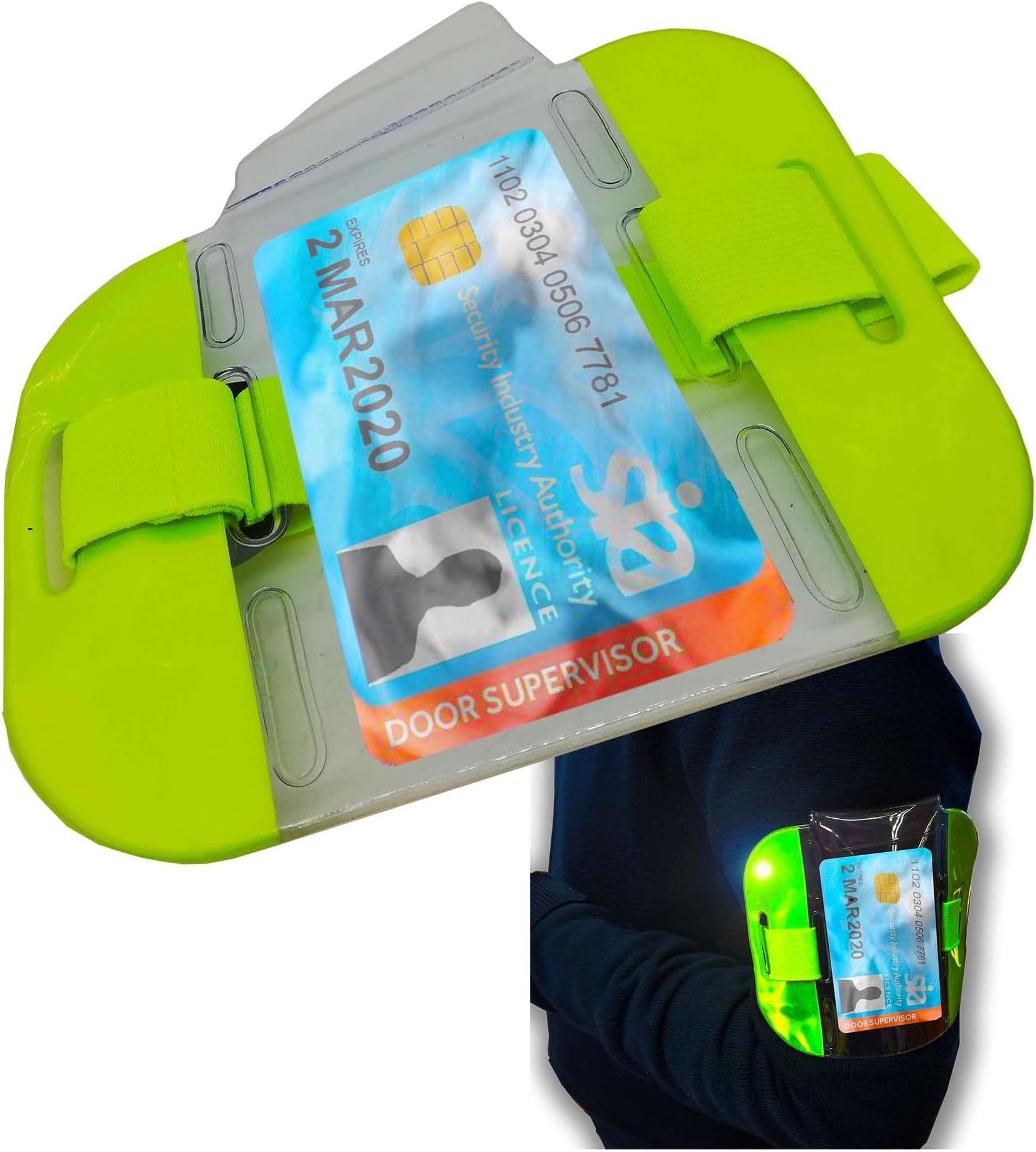 Recall Doorman Door Supervisor Bouncer SIA Badge Card Holder Waterproof Badge Arm Strap Yellow Green High Vis Hi Vis Reflective Security Display Armband