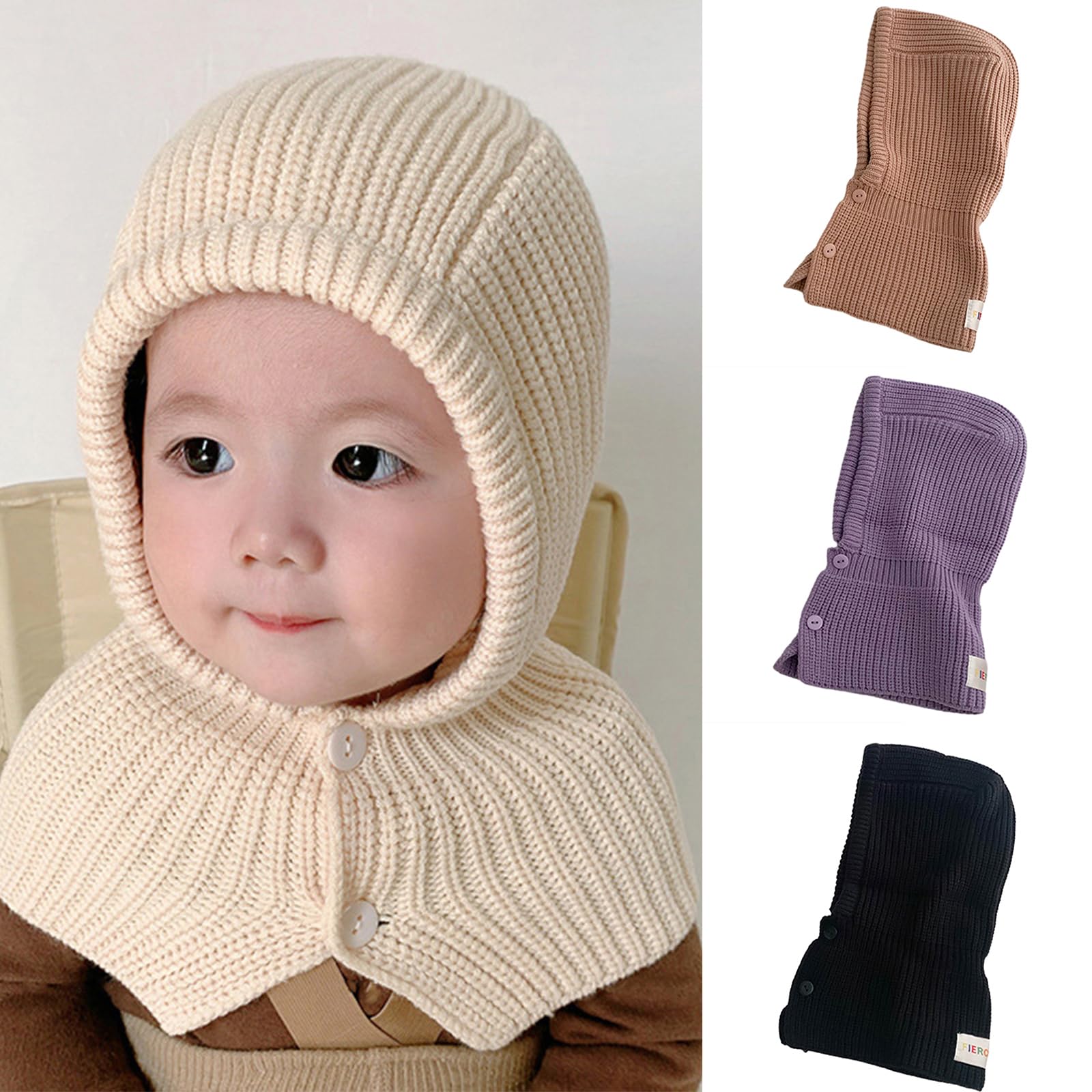 Dsgzkk Hat,2-in-1 Winter Warm Shawl Hat for Baby Knit Solid Color Ear Muff Hat Outdoor Activity Windproof Pullover Scarf Hat